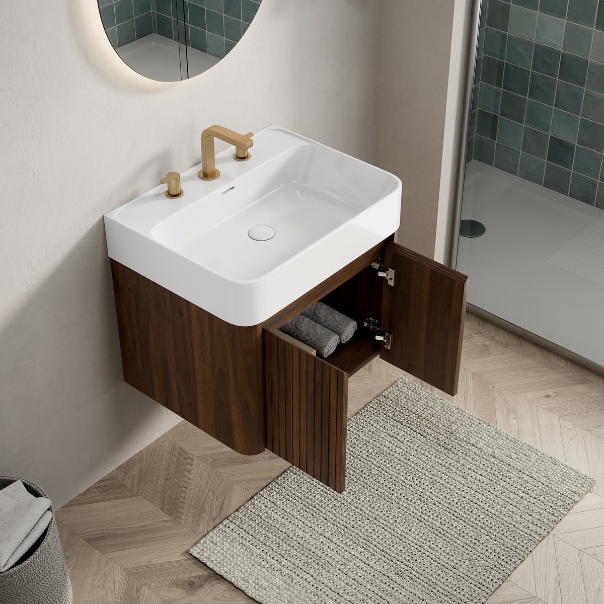 LORAN 24" Wall-Mounted Bathroom Vanity with White Solid Surface Integrated Basin, Floating Storage Cabinet, Walnut Woodgrain, 8" Widespread 3-Hole Faucet Configuration, Disassembled