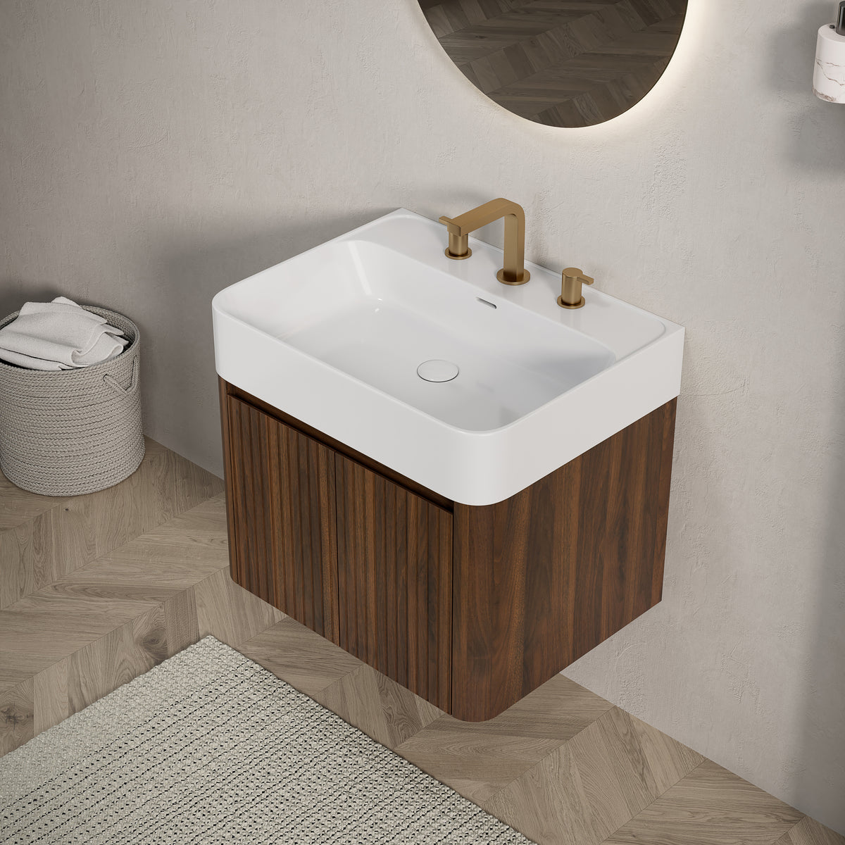 LORAN 24" Wall-Mounted Bathroom Vanity with White Solid Surface Integrated Basin, Floating Storage Cabinet, Walnut Woodgrain, 8" Widespread 3-Hole Faucet Configuration, Disassembled