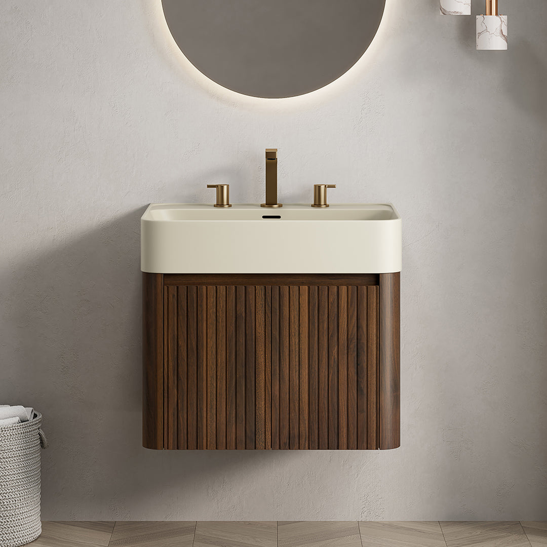 LORAN 24" Wall-Mounted Bathroom Vanity with Warm Cream Beige Solid Surface Integrated Basin, Floating Storage Cabinet, Walnut Woodgrain, 8" Widespread 3-Hole Faucet Configuration, Disassembled