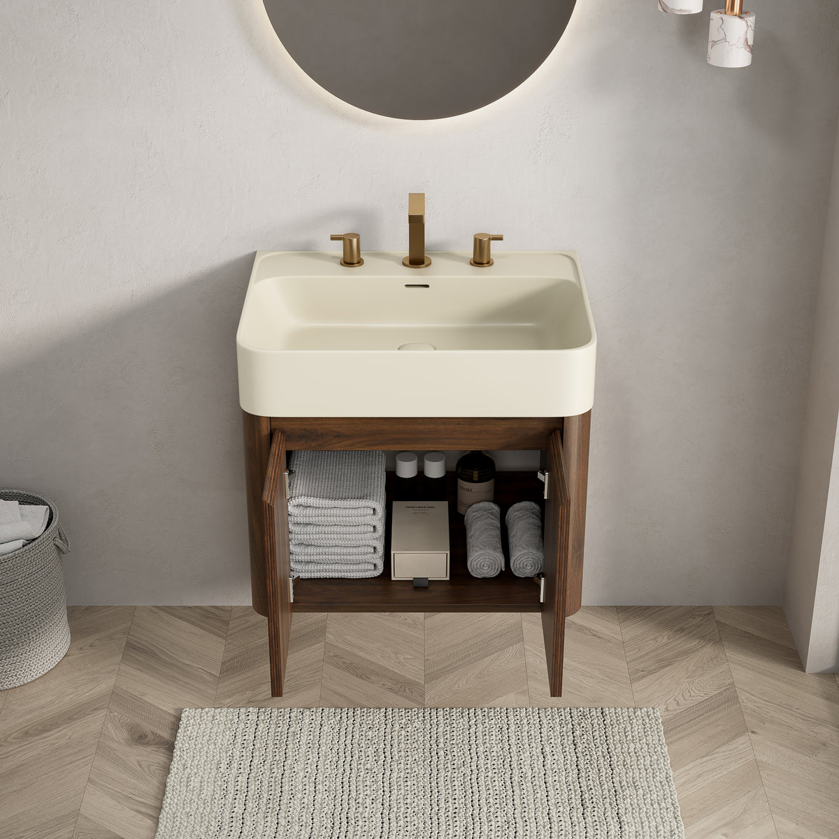 LORAN 24" Wall-Mounted Bathroom Vanity with Warm Cream Beige Solid Surface Integrated Basin, Floating Storage Cabinet, Walnut Woodgrain, 8" Widespread 3-Hole Faucet Configuration, Disassembled