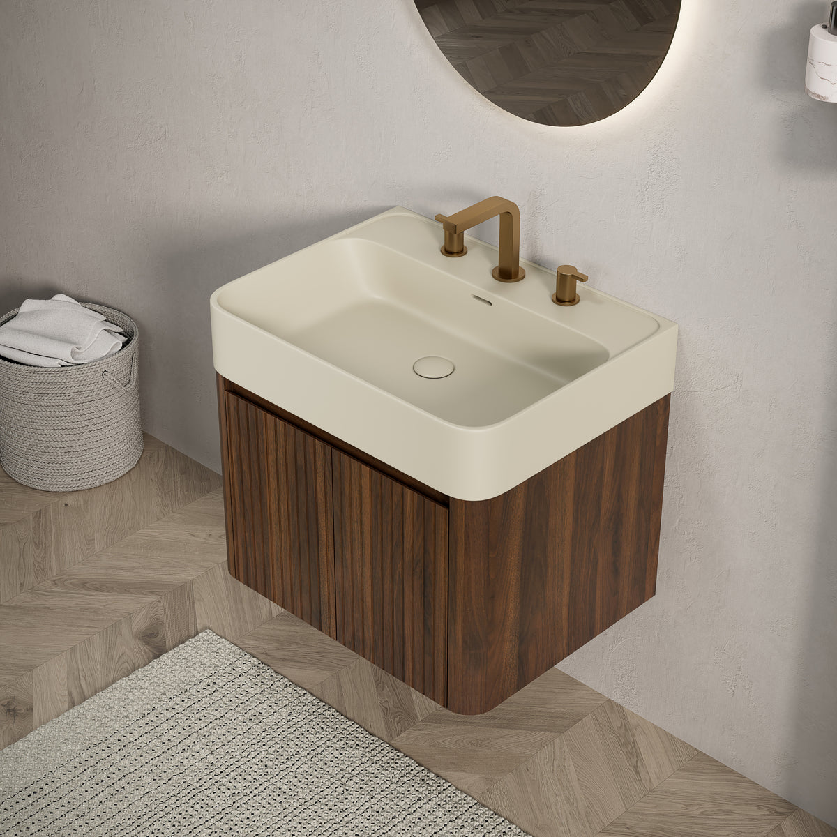 LORAN 24" Wall-Mounted Bathroom Vanity with Warm Cream Beige Solid Surface Integrated Basin, Floating Storage Cabinet, Walnut Woodgrain, 8" Widespread 3-Hole Faucet Configuration, Disassembled