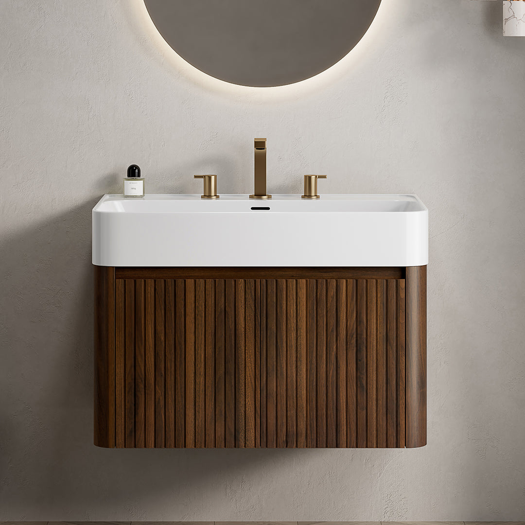 LORAN 30" Wall-Mounted Bathroom Vanity with White Solid Surface Integrated Basin, Floating Storage Cabinet, Walnut Woodgrain, 8" Widespread 3-Hole Faucet Configuration, Disassembled