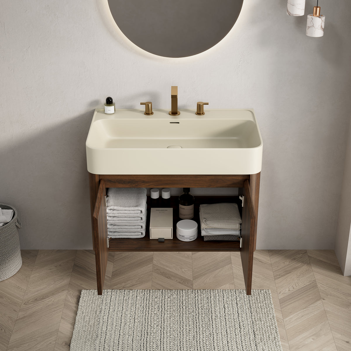 LORAN 30" Wall-Mounted Bathroom Vanity with Warm Cream Beige Solid Surface Integrated Basin, Floating Storage Cabinet, Walnut Woodgrain, 8" Widespread 3-Hole Faucet Configuration, Disassembled