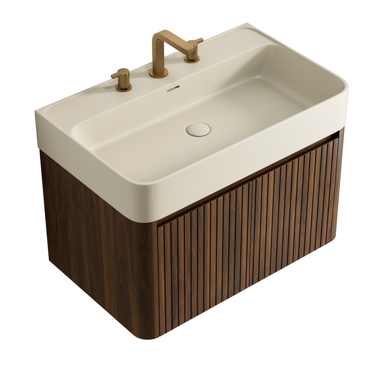 LORAN 30" Wall-Mounted Bathroom Vanity with Warm Cream Beige Solid Surface Integrated Basin, Floating Storage Cabinet, Walnut Woodgrain, 8" Widespread 3-Hole Faucet Configuration, Disassembled