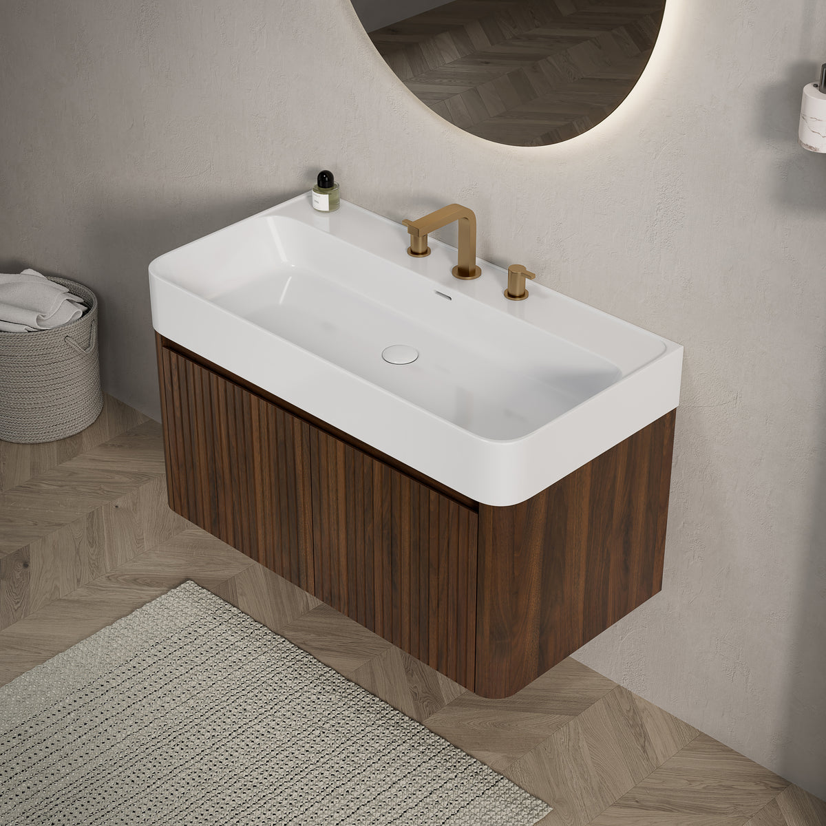 LORAN 36" Wall-Mounted Bathroom Vanity with White Solid Surface Integrated Basin, Floating Storage Cabinet, Walnut Woodgrain, 8" Widespread 3-Hole Faucet Configuration, Disassembled