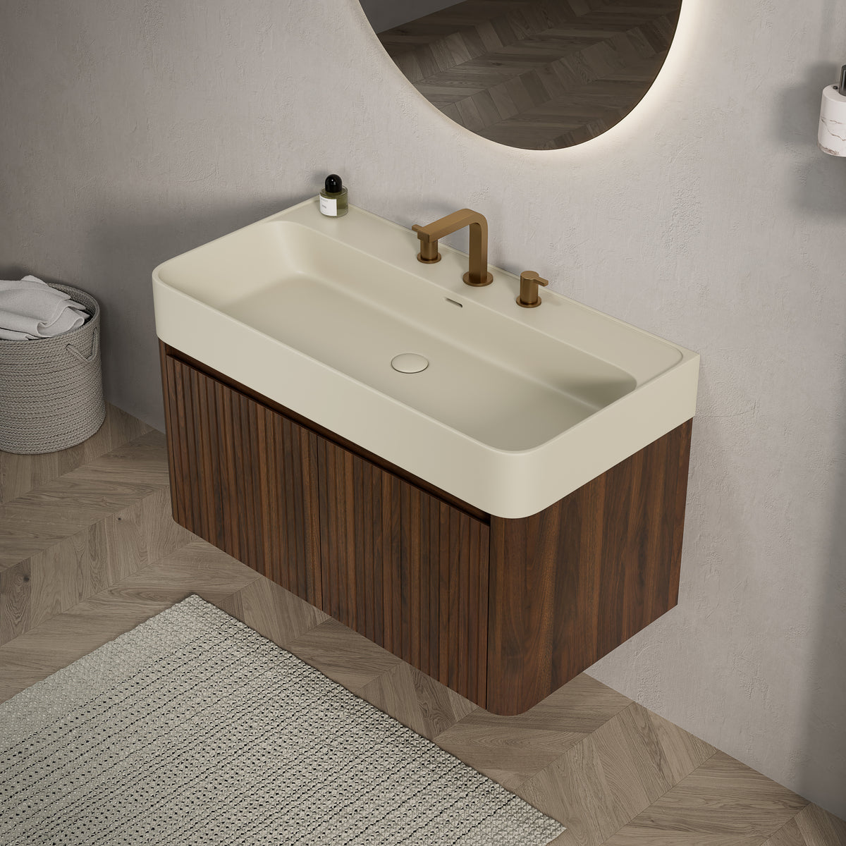 LORAN 36" Wall-Mounted Bathroom Vanity with Warm Cream Beige Solid Surface Integrated Basin, Floating Storage Cabinet, Walnut Woodgrain, 8" Widespread 3-Hole Faucet Configuration, Disassembled