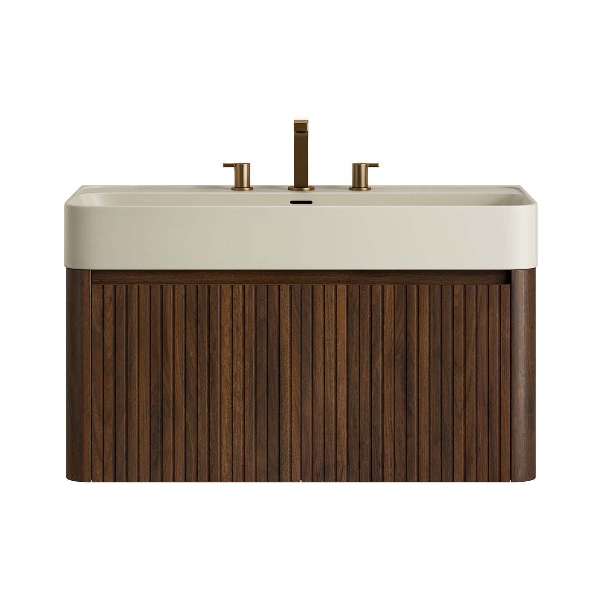 LORAN 36" Wall-Mounted Bathroom Vanity with Warm Cream Beige Solid Surface Integrated Basin, Floating Storage Cabinet, Walnut Woodgrain, 8" Widespread 3-Hole Faucet Configuration, Disassembled