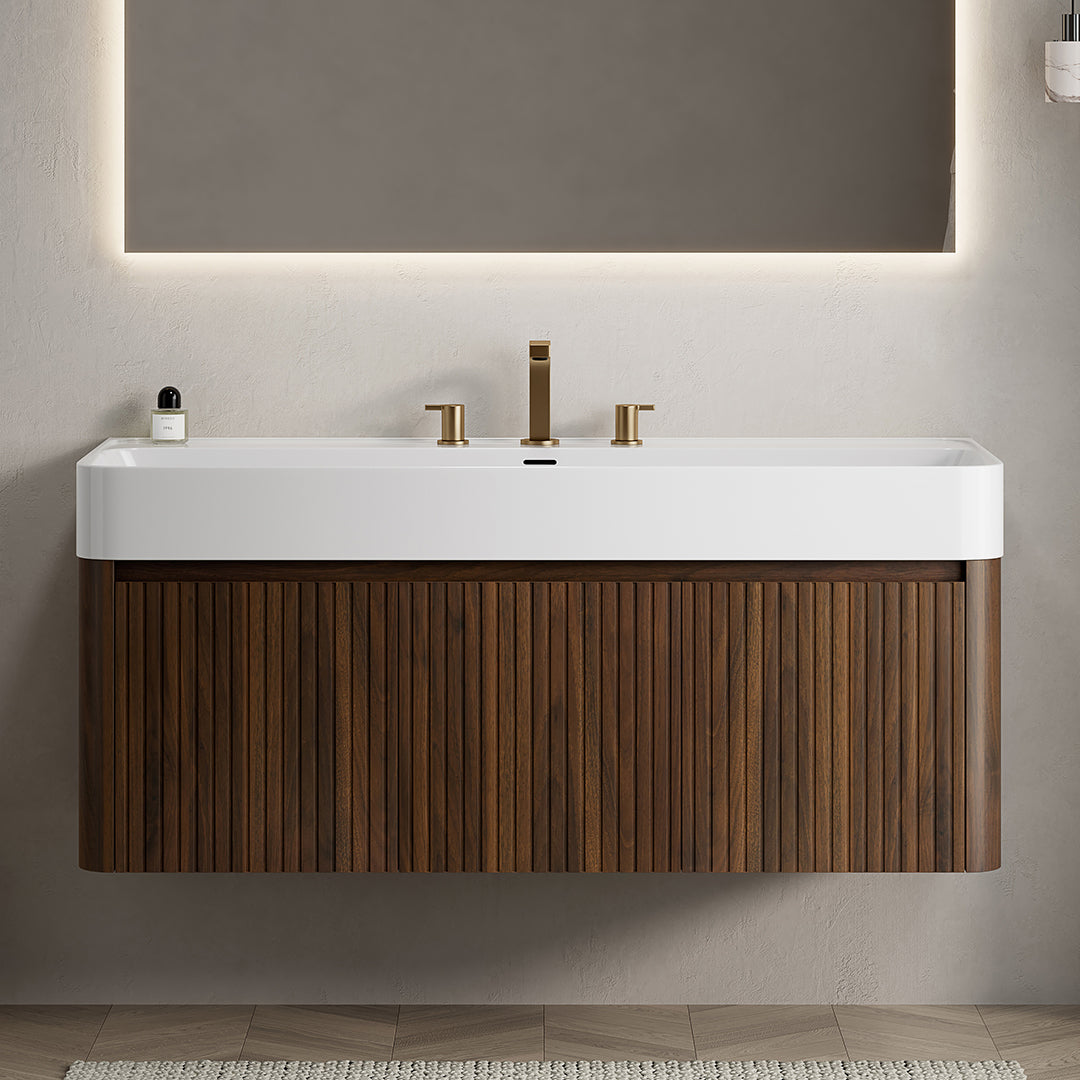 LORAN 48" Wall-Mounted Bathroom Vanity with White Solid Surface Integrated Basin, Floating Storage Cabinet, Walnut Woodgrain, 8" Widespread 3-Hole Faucet Configuration, Disassembled