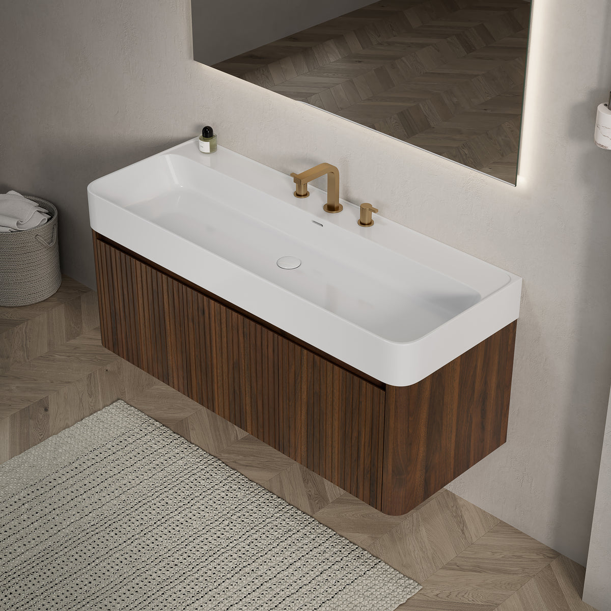 LORAN 48" Wall-Mounted Bathroom Vanity with White Solid Surface Integrated Basin, Floating Storage Cabinet, Walnut Woodgrain, 8" Widespread 3-Hole Faucet Configuration, Disassembled