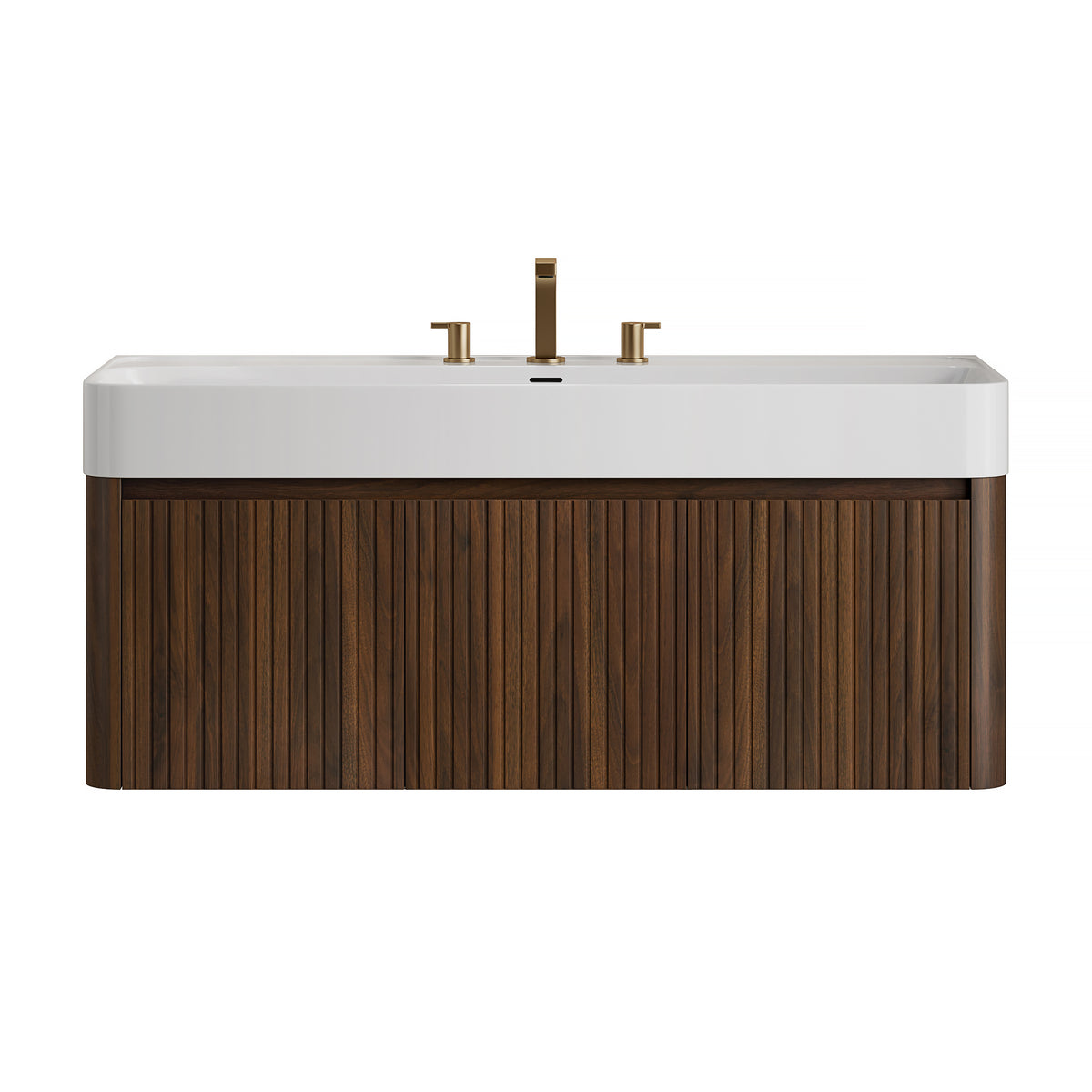 LORAN 48" Wall-Mounted Bathroom Vanity with White Solid Surface Integrated Basin, Floating Storage Cabinet, Walnut Woodgrain, 8" Widespread 3-Hole Faucet Configuration, Disassembled
