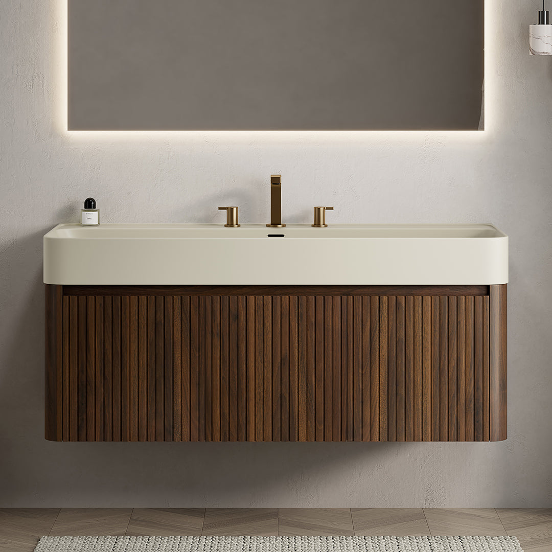 LORAN 48" Wall-Mounted Bathroom Vanity with Warm Cream Beige Solid Surface Integrated Basin, Floating Storage Cabinet, Walnut Woodgrain, 8" Widespread 3-Hole Faucet Configuration, Disassembled