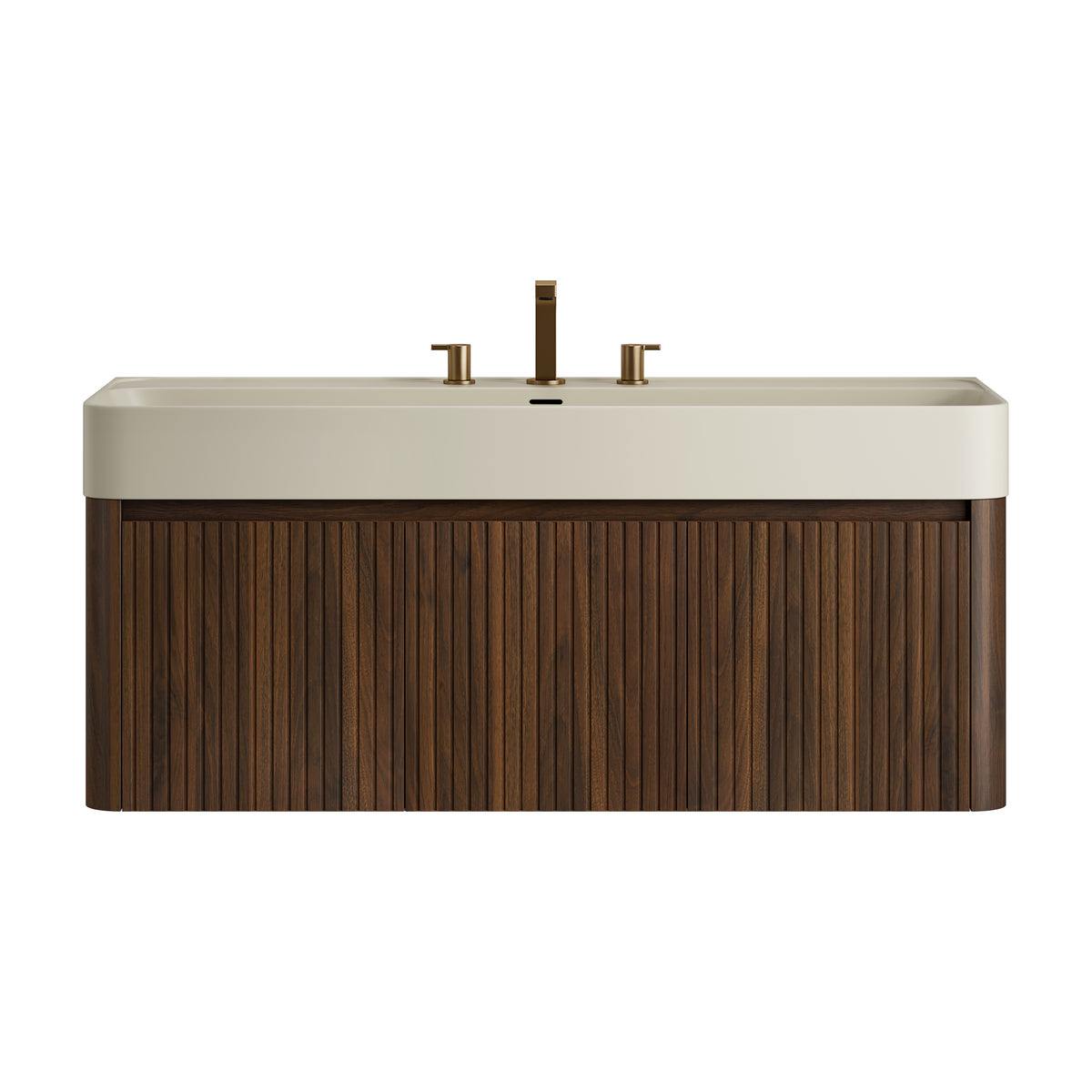 LORAN 48" Wall-Mounted Bathroom Vanity with Warm Cream Beige Solid Surface Integrated Basin, Floating Storage Cabinet, Walnut Woodgrain, 8" Widespread 3-Hole Faucet Configuration, Disassembled