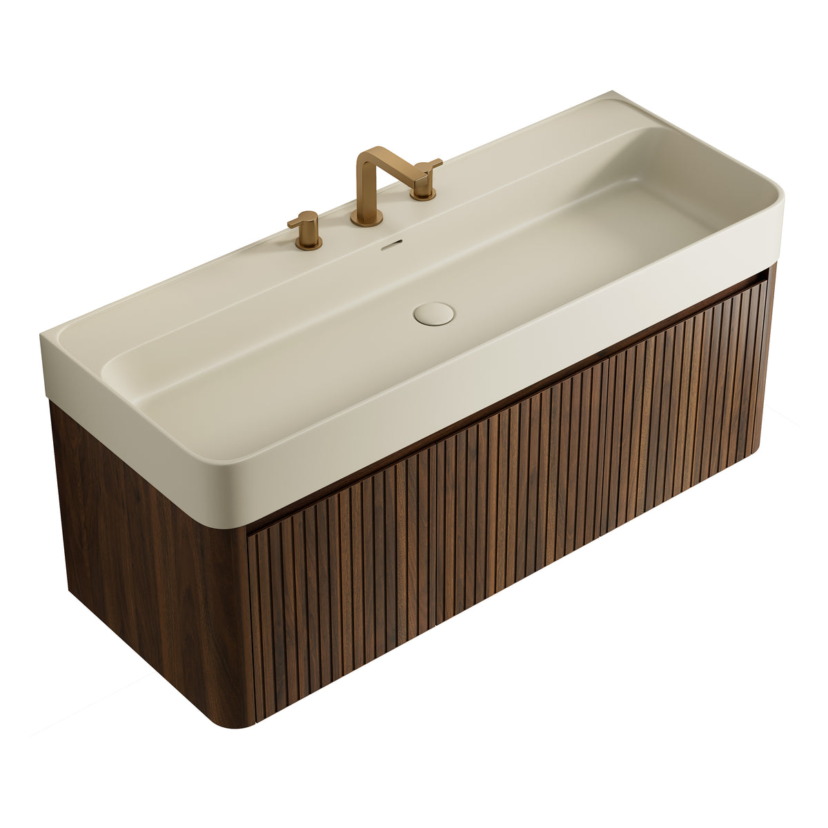 LORAN 48" Wall-Mounted Bathroom Vanity with Warm Cream Beige Solid Surface Integrated Basin, Floating Storage Cabinet, Walnut Woodgrain, 8" Widespread 3-Hole Faucet Configuration, Disassembled