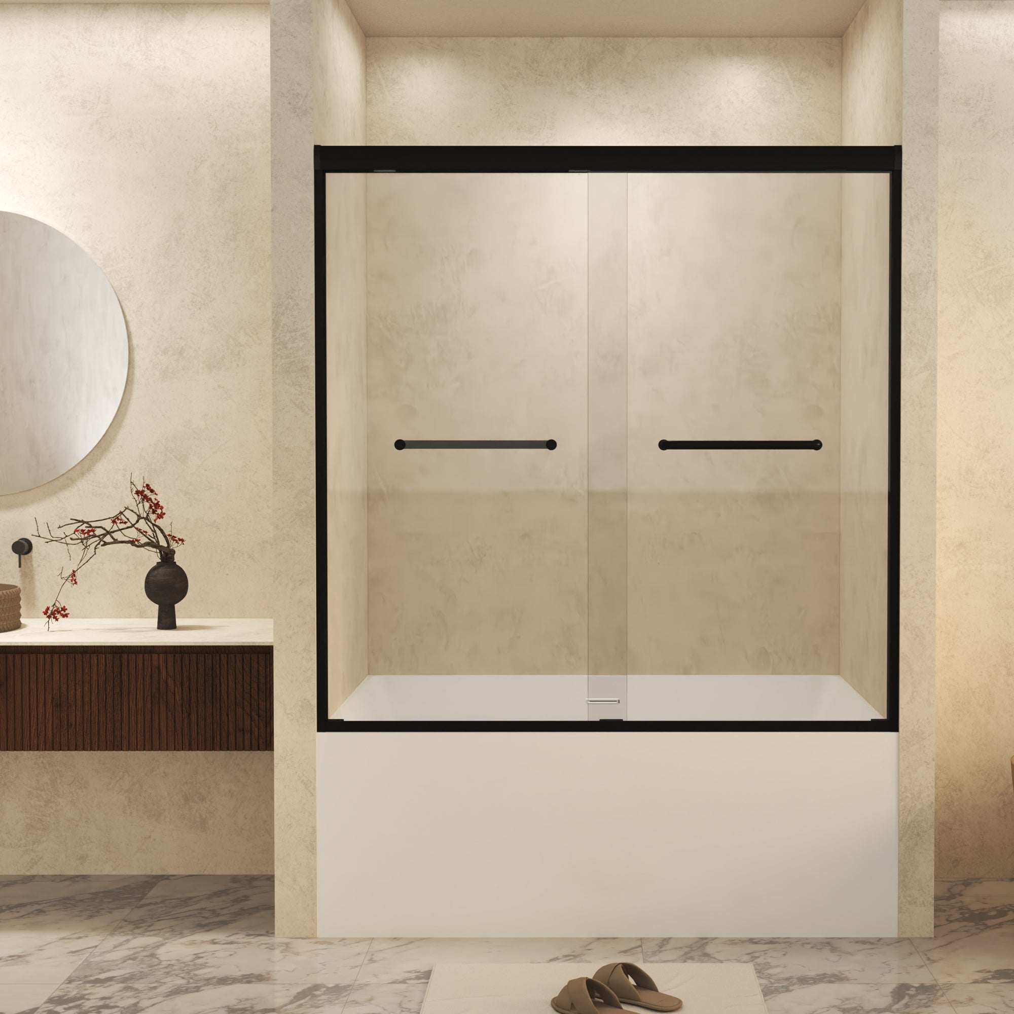 56-60" W x 60" H Double Sliding Shower Door with 6mm Tempered Glass, Safety Film, Matte Black Aluminum Frame & Stainless Steel Handle