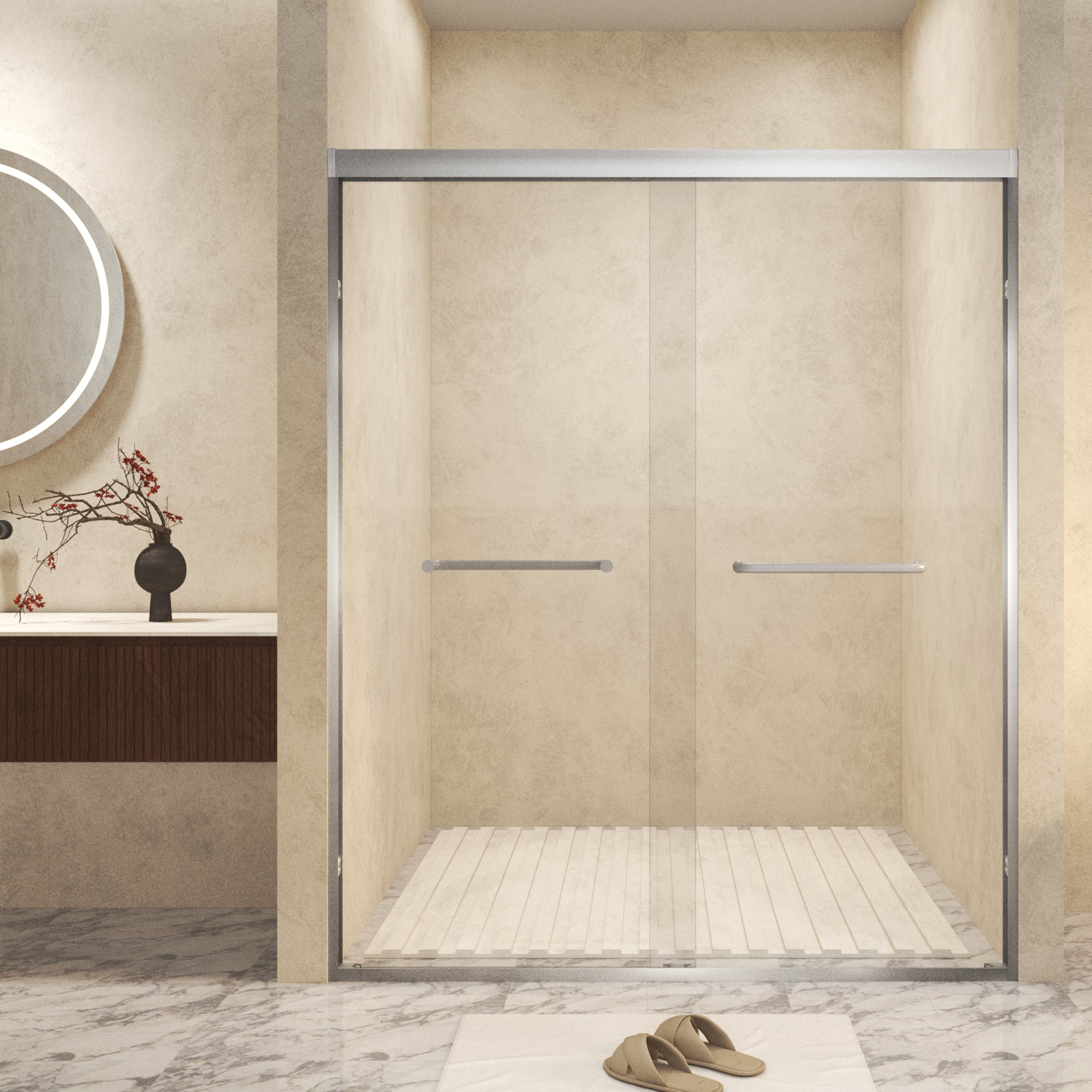 50-54" x 72" Double Sliding Shower Door with 6mm Tempered Glass, Safety Film, Aluminum Frame & Brushed Nickel Stainless Steel Handle