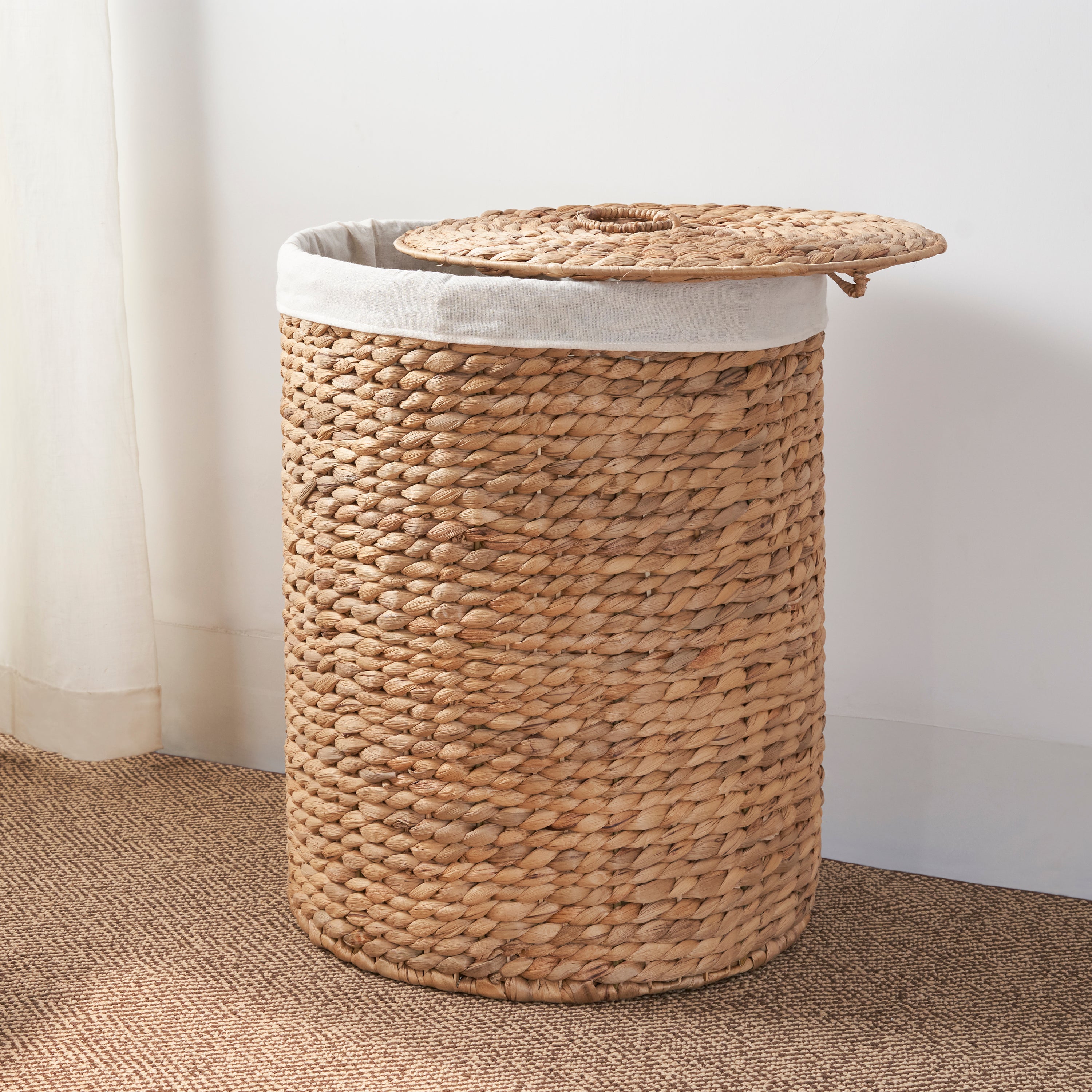 Ludmilla Tall Round Water Hyacinth Laundry Hamper with Lid – Handwoven Wicker Clothes Basket with Removable Liner for Bedroom& Home Storage, Natural Brown, 15" x 15" x 20"