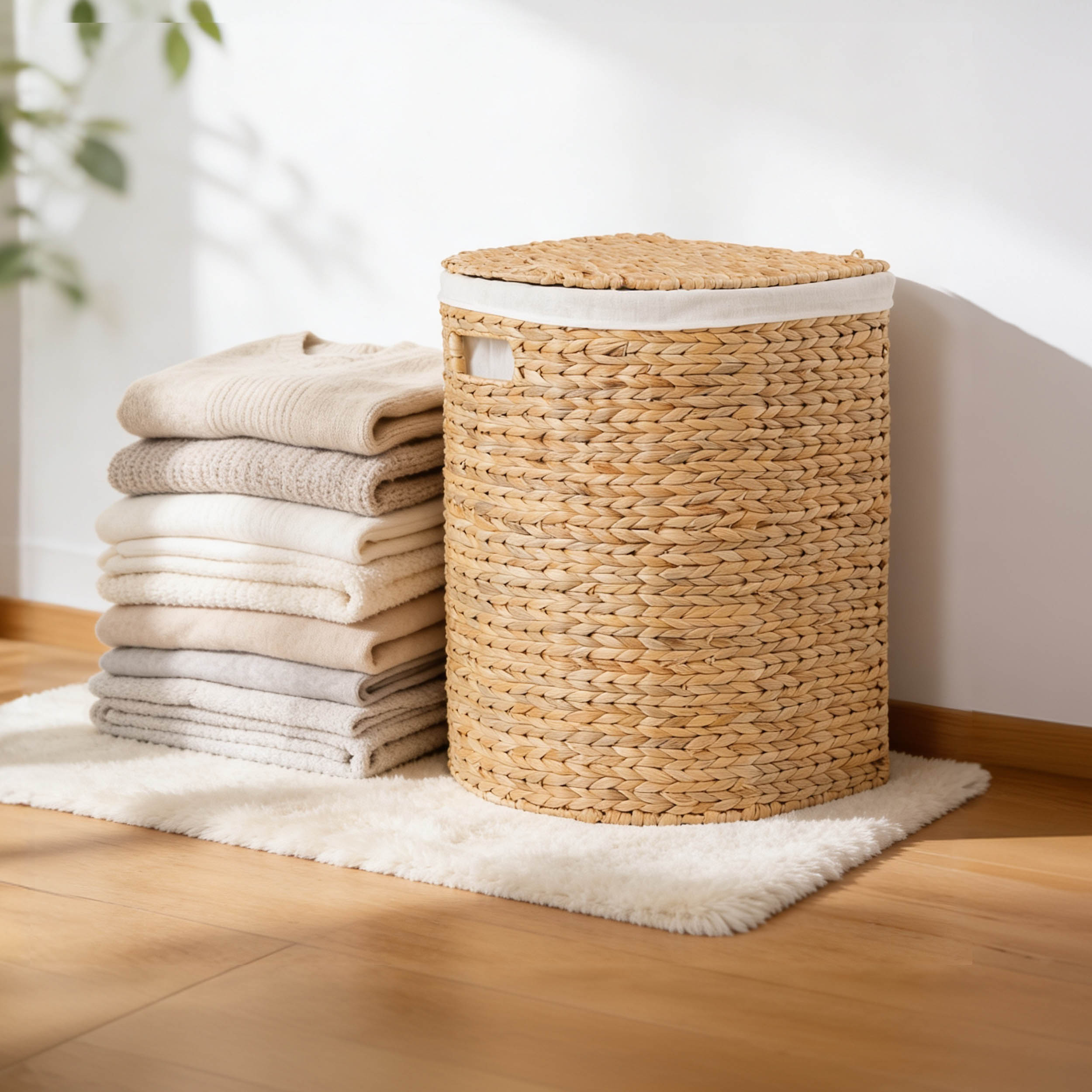 Ludmila Handwoven Water Hyacinth Laundry Hamper – Half Oval Wicker Basket for Clothes Storage & Home Organization, 16.9" x 13.8" x 20.5", Natural Brown