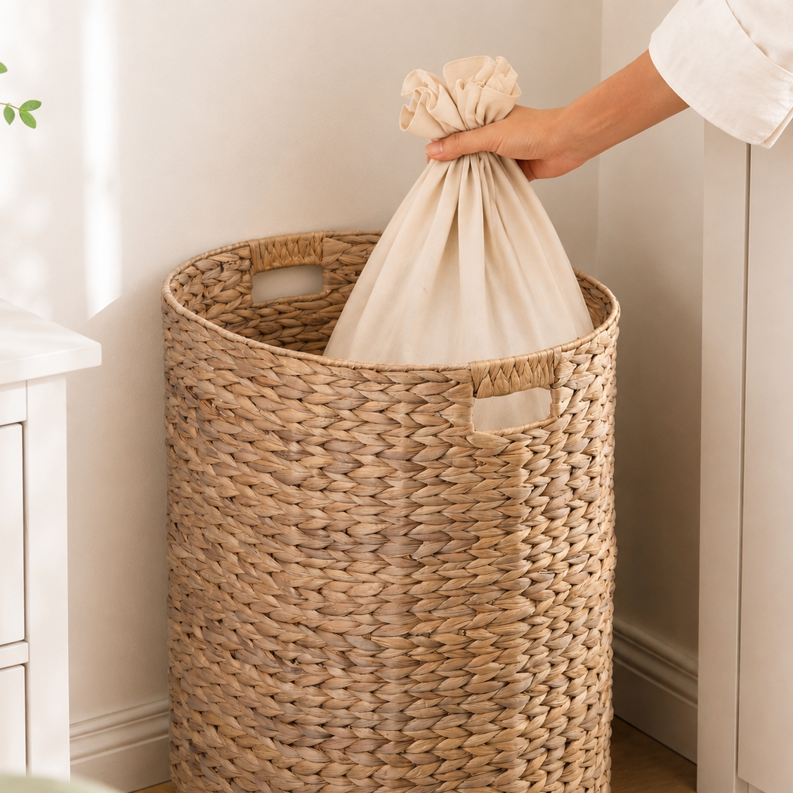 Ludmila Handwoven Water Hyacinth Laundry Hamper – Full Oval Wicker Basket for Clothes Storage & Home Organization, 17.7"L x 15"W x 21.7"H, Natural Brown