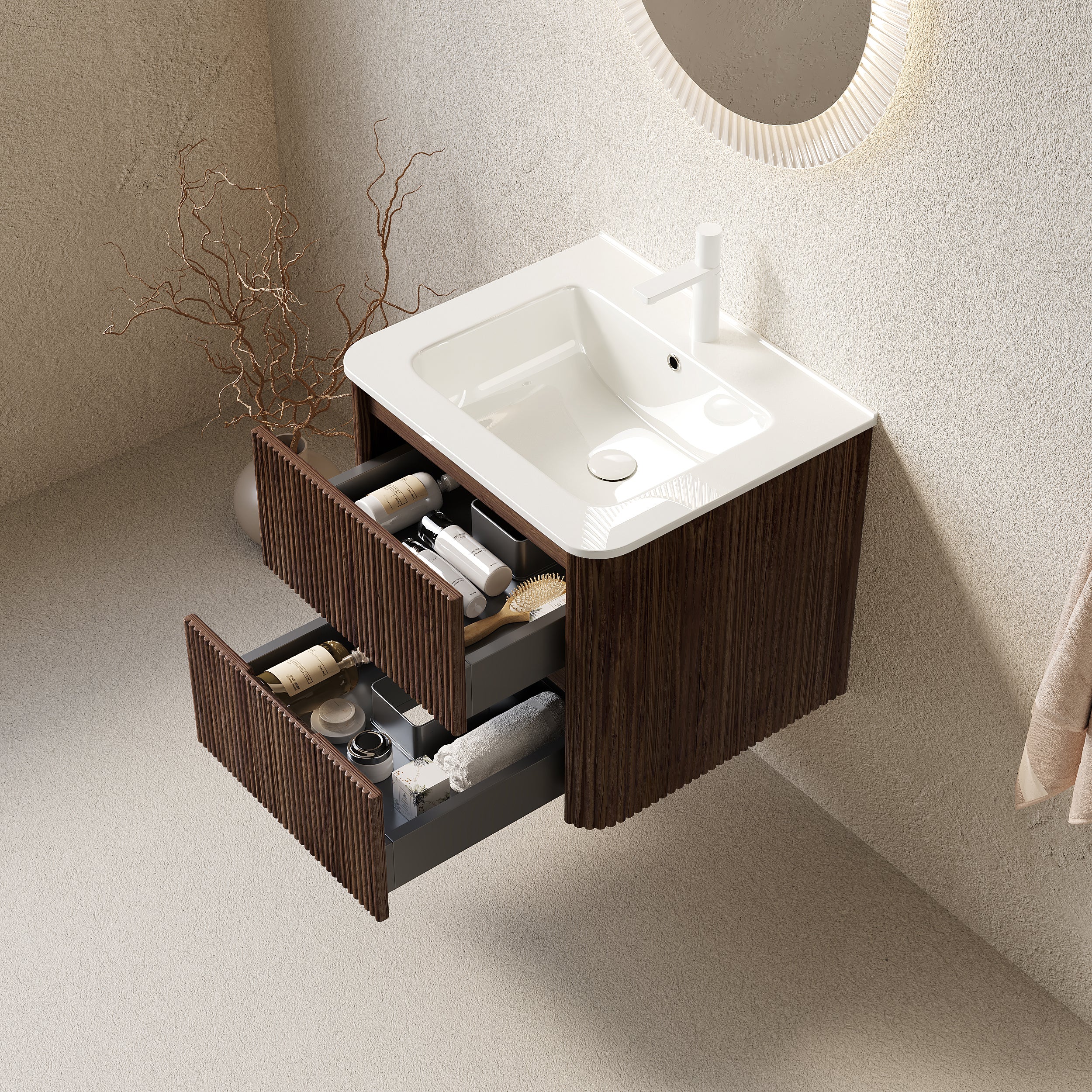 NOOR 24" Bathroom Vanity with Sink, Wall-Mounted Floating Plywood Bathroom Storage Cabinet with 2 Drawers, White Ceramic Basin, NO Faucet, Pre-assembled, Retro Walnut Woodgrain Color
