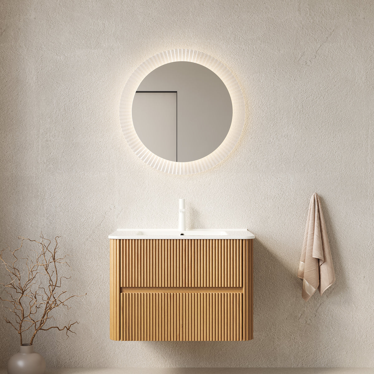 NOOR 30" Wall-Mounted Bathroom Vanity with White Rectangular Ceramic Sink, Floating Plywood Storage Cabinet with 2 Drawers, Natural Woodgrain Finish, Pre-Assembled, Faucet Not Included