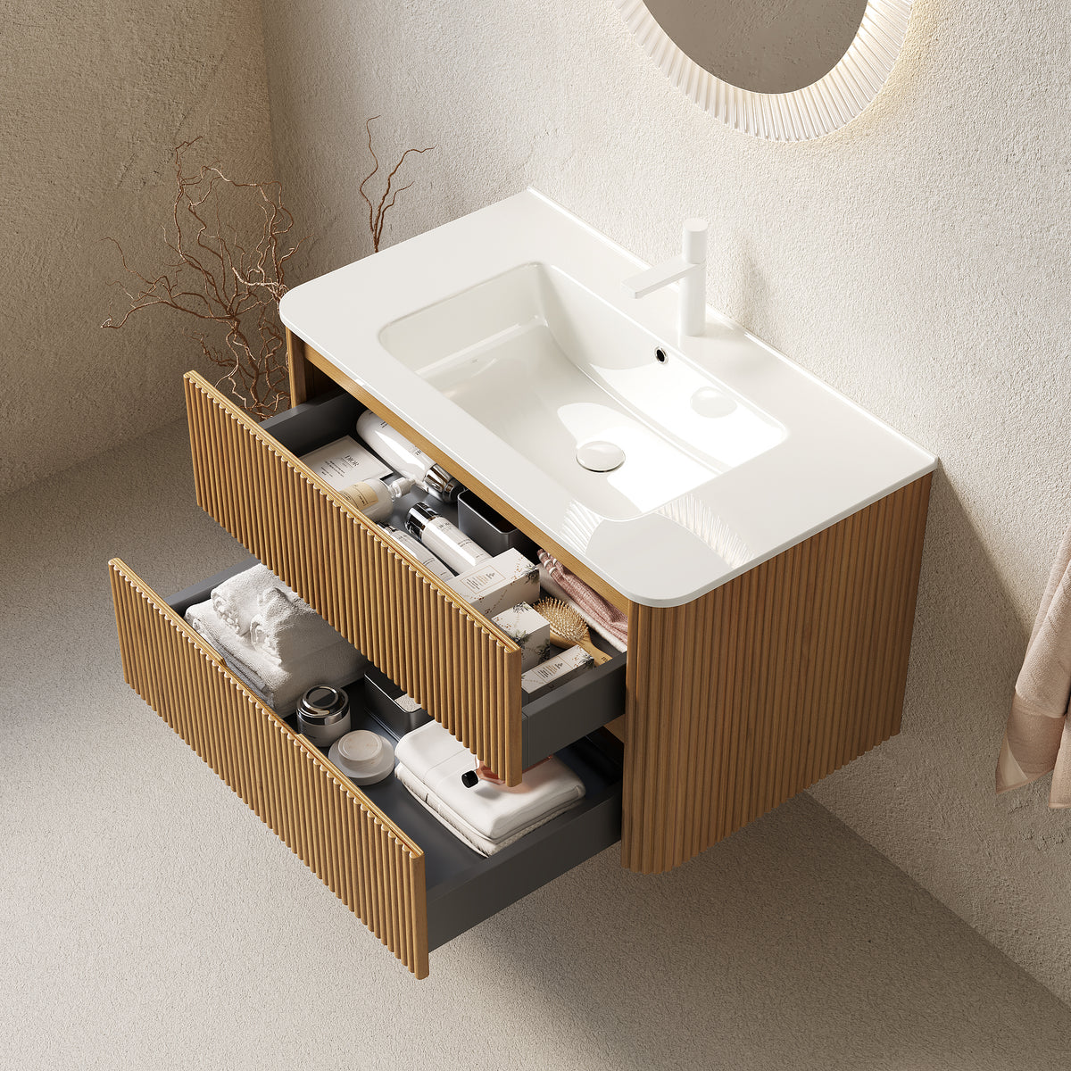 NOOR 36" Wall-Mounted Bathroom Vanity with White Rectangular Ceramic Sink, Floating Plywood Storage Cabinet with 2 Drawers, Natural Woodgrain Finish, Pre-Assembled, Faucet Not Included