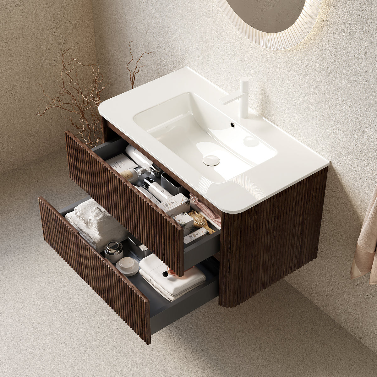 NOOR 36" Bathroom Vanity with Sink, Wall-Mounted Floating Plywood Bathroom Storage Cabinet with 2 Drawers, White Ceramic Basin, NO Faucet, Pre-assembled, Retro Walnut Woodgrain Color