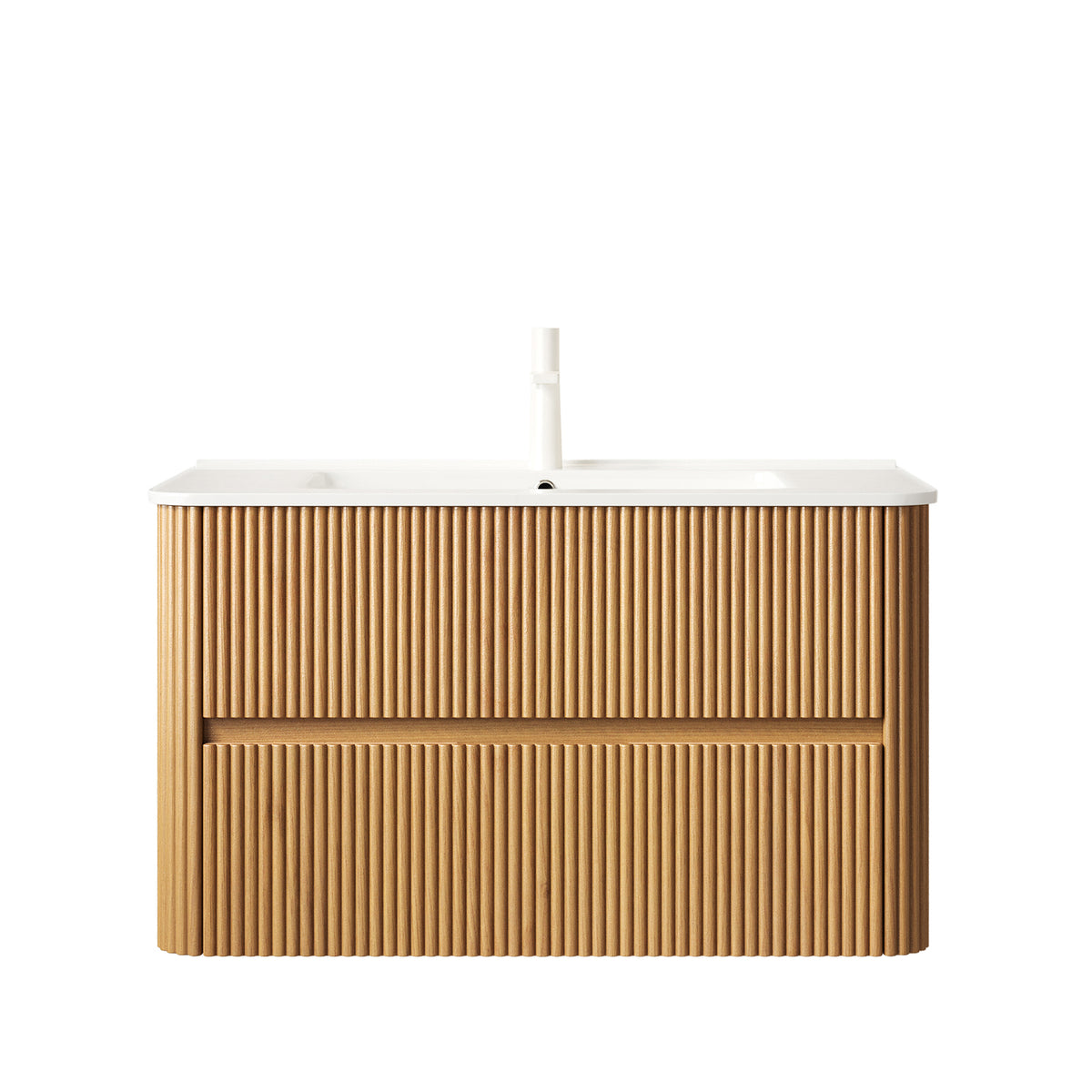 NOOR 36" Wall-Mounted Bathroom Vanity with White Rectangular Ceramic Sink, Floating Plywood Storage Cabinet with 2 Drawers, Natural Woodgrain Finish, Pre-Assembled, Faucet Not Included