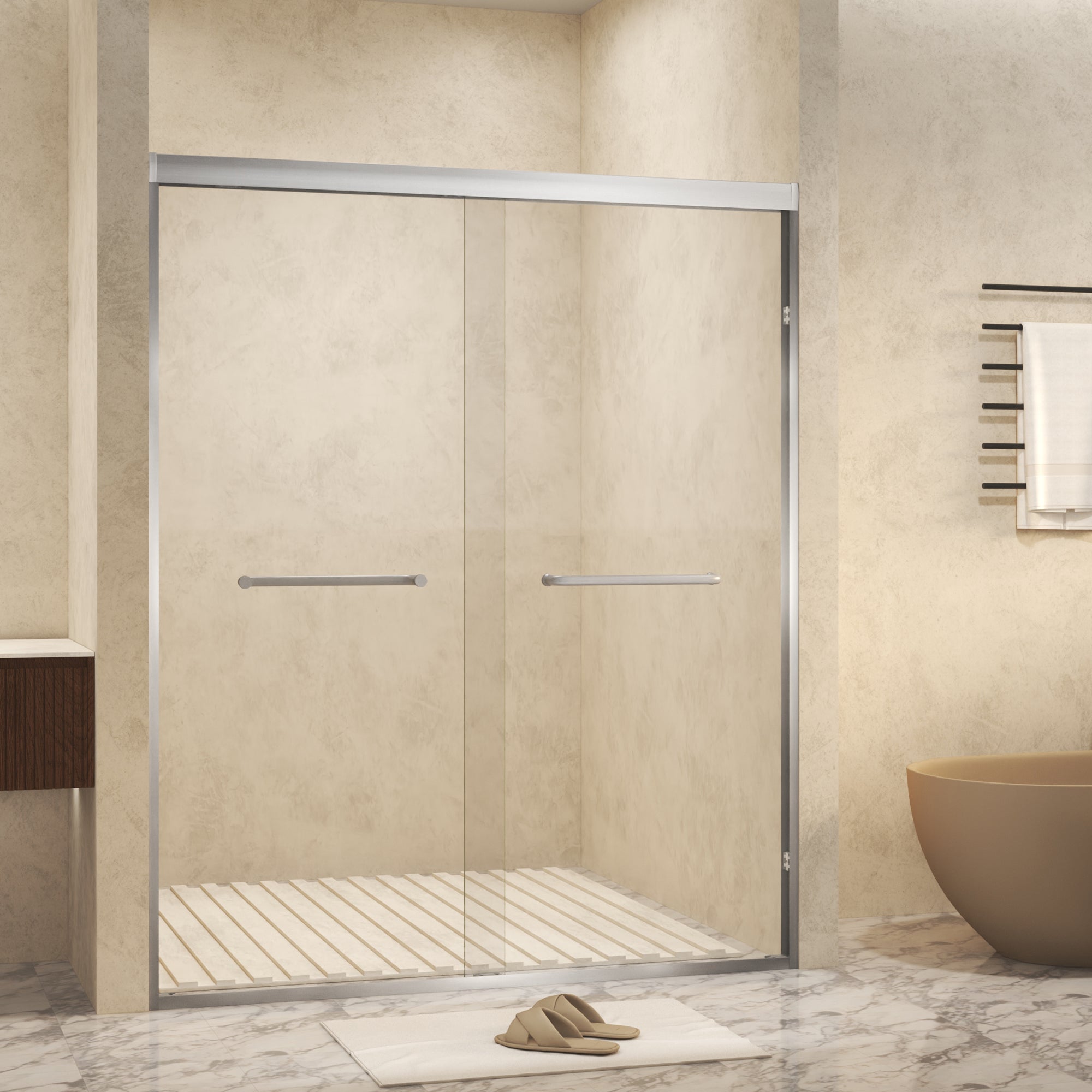 44-48" x 72" Double Sliding Shower Door with 6mm Tempered Glass, Safety Film, Aluminum Frame and Brushed Nickel Stainless Steel Handle