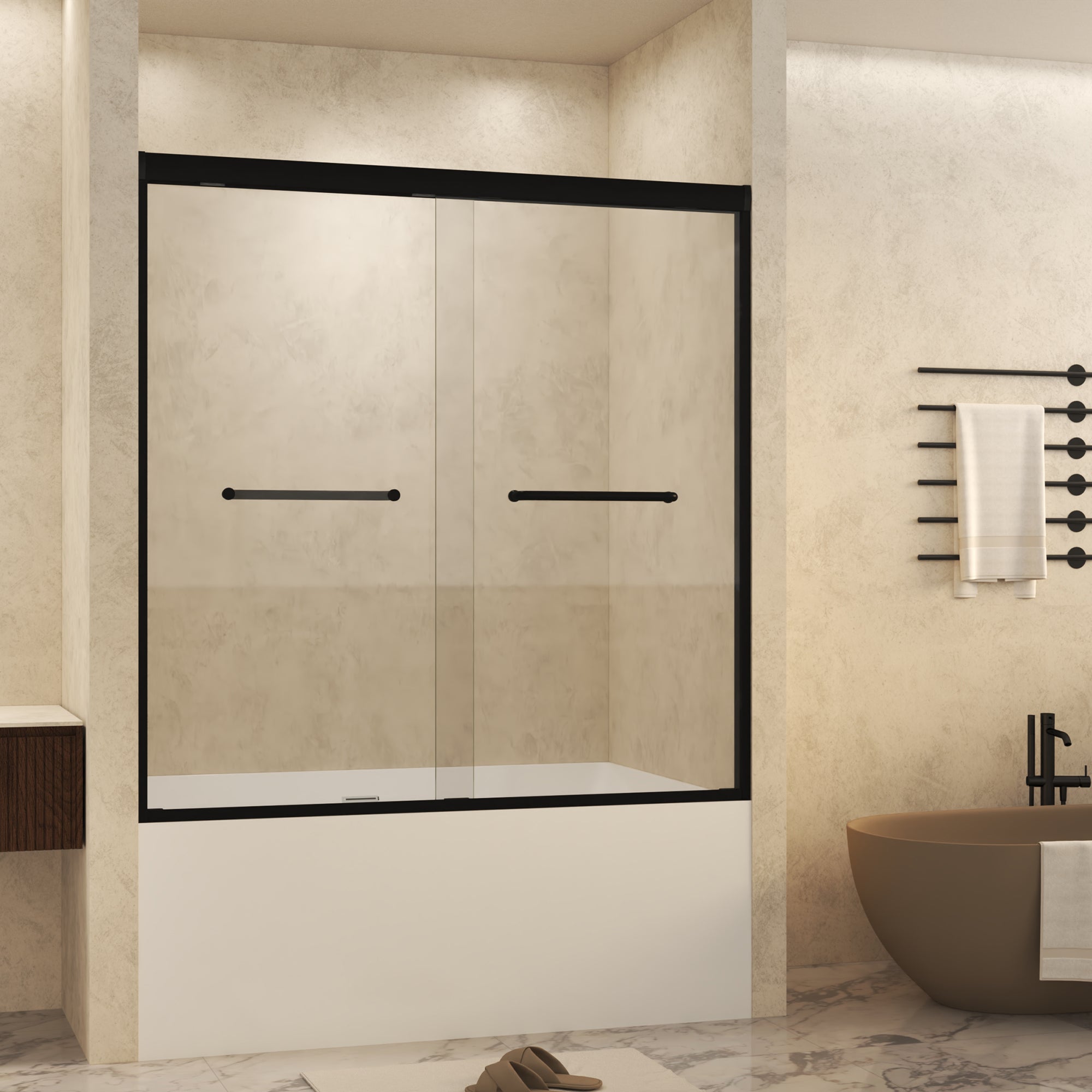 56-60" W x 60" H Double Sliding Shower Door with 6mm Tempered Glass, Safety Film, Matte Black Aluminum Frame & Stainless Steel Handle