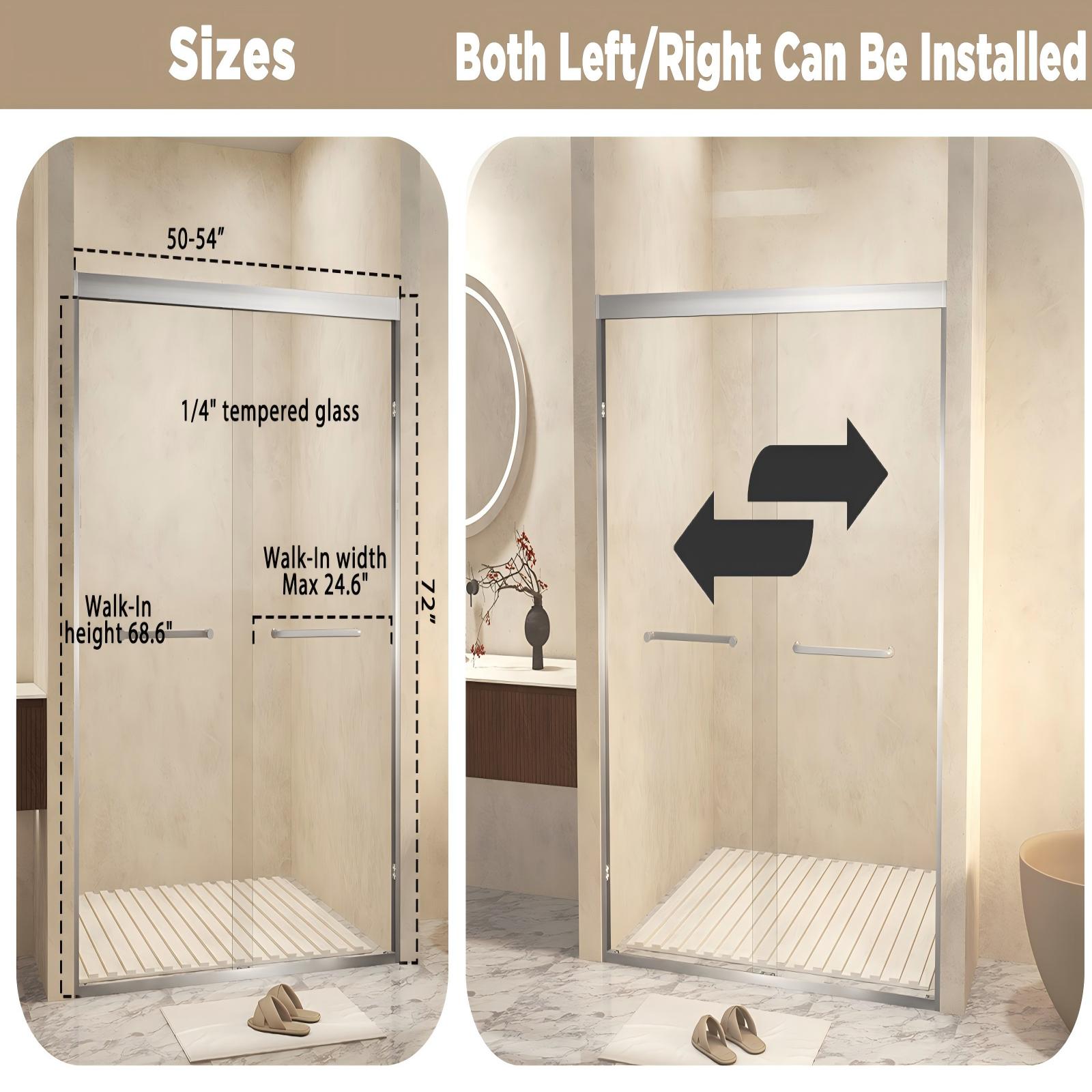 50-54" x 72" Double Sliding Shower Door with 6mm Tempered Glass, Safety Film, Aluminum Frame & Brushed Nickel Stainless Steel Handle