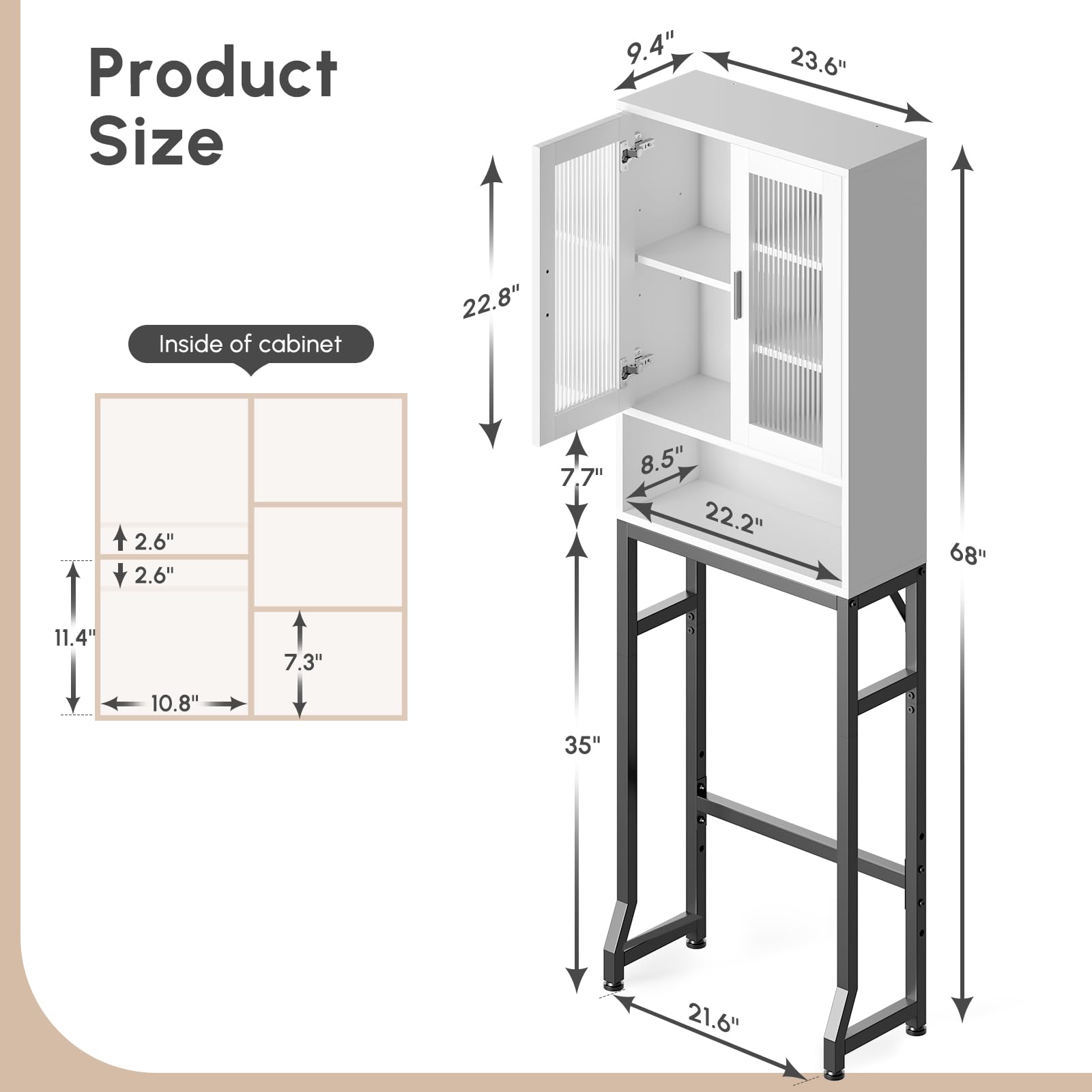 USHOWER Stokado Series – Over-the-Toilet Cabinet with Glass Door with Dimensions and Clearance Fit for Most Standard Toilets
