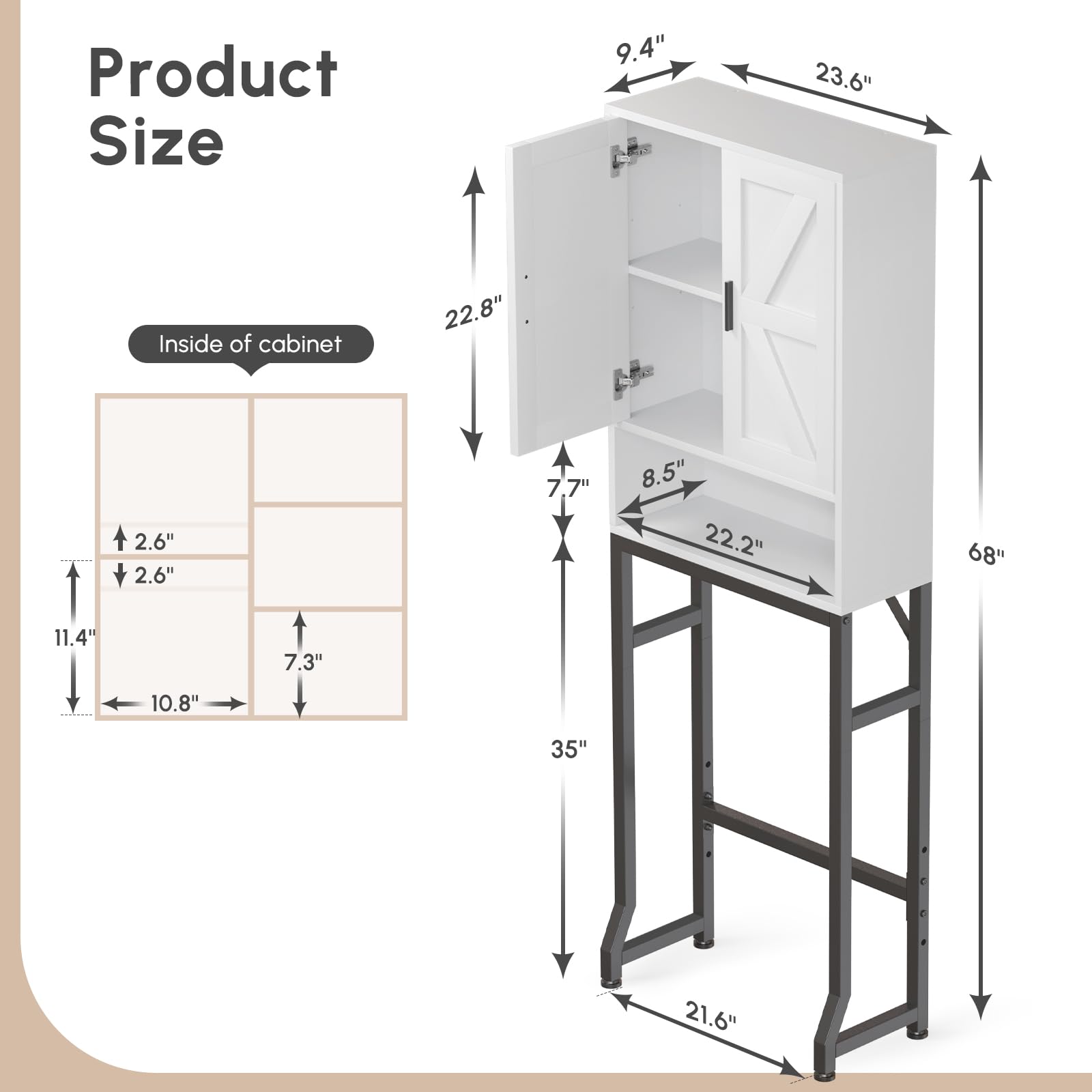 USHOWER Stokado Series – Over-the-Toilet Cabinet with Wood Door with Dimensions and Clearance Fit for Most Standard Toilets