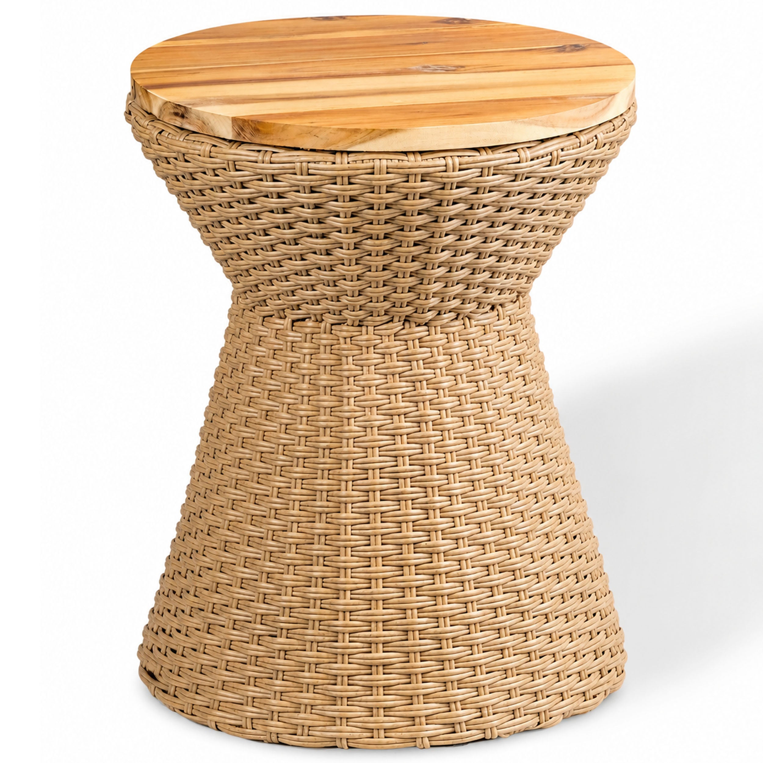 SOLHOME Natural Rattan Side Table with Wood Lid – Wicker Accent Stool with Steel Frame for Indoor & Outdoor Spaces, 14.2"