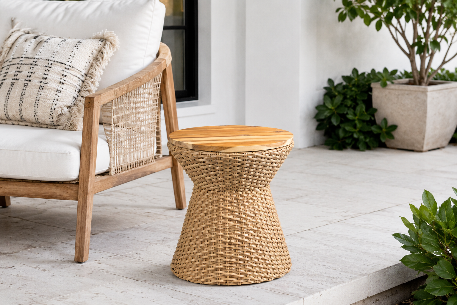 SOLHOME Natural Rattan Side Table with Wood Lid – Wicker Accent Stool with Steel Frame for Indoor & Outdoor Spaces, 14.2"