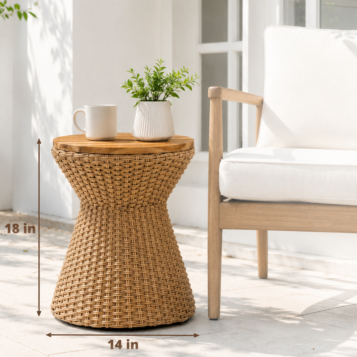SOLHOME Natural Rattan Side Table with Wood Lid – Wicker Accent Stool with Steel Frame for Indoor & Outdoor Spaces, 14.2"