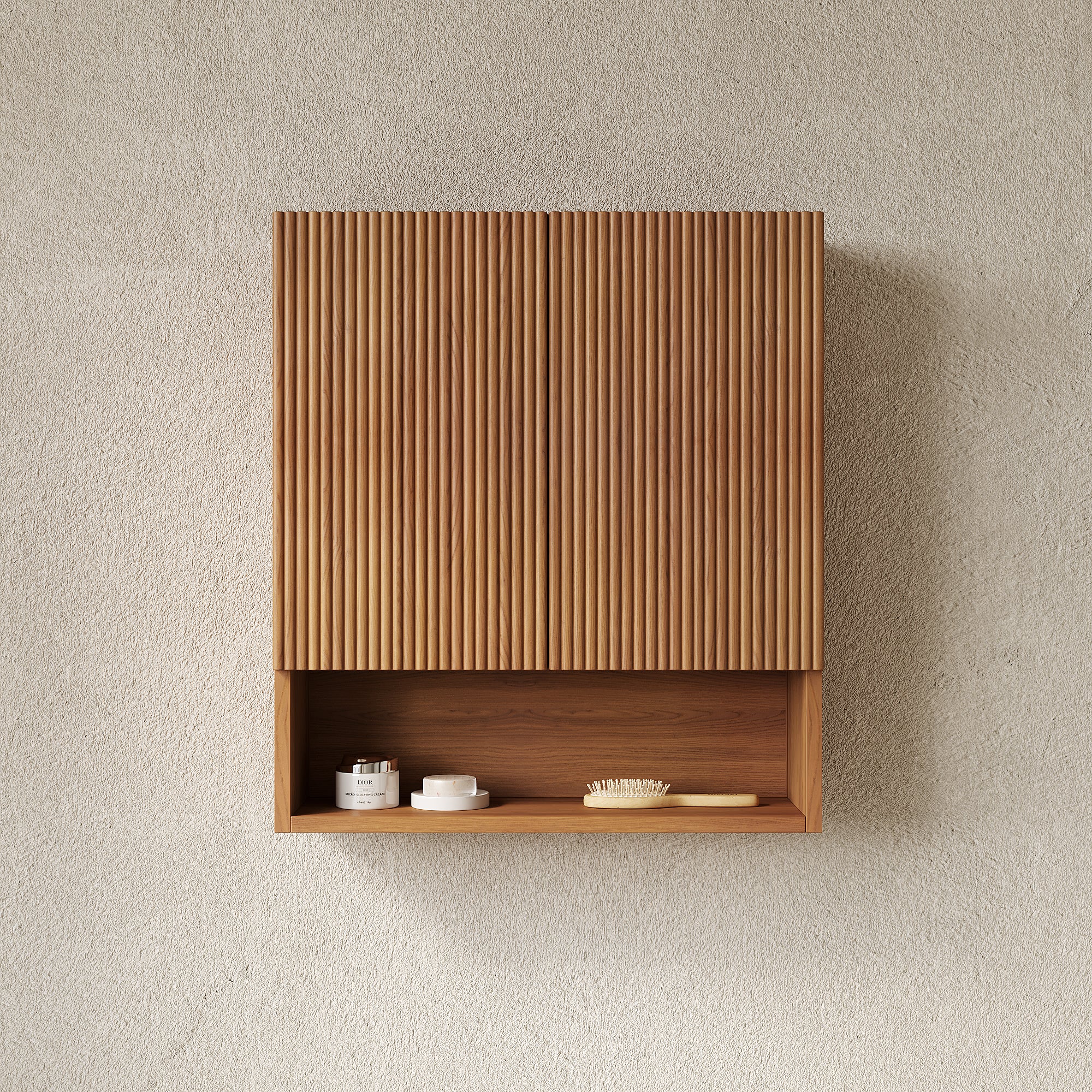 TOBI 26" Wall-Mounted Striped Bathroom Cabinet, with Doors, Shelf and Open Storage Compartment Over The Toilet Storage Cabinet for Bathroom, Kitchen, Laundry Room, Brown Oak Woodgrain Color