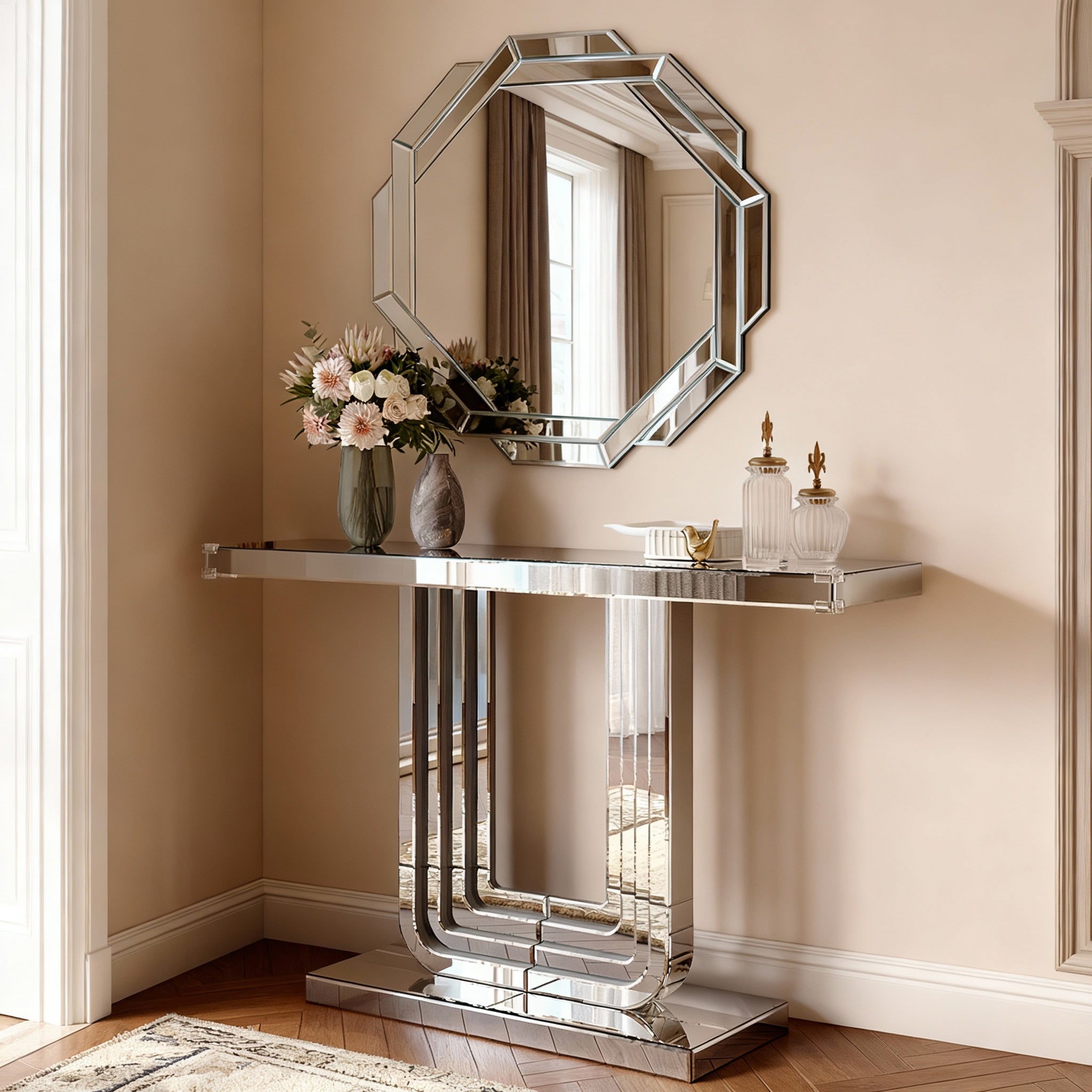 Octagonal Frameless Wall Mirror with Beveled Geometric Design, 29.92''