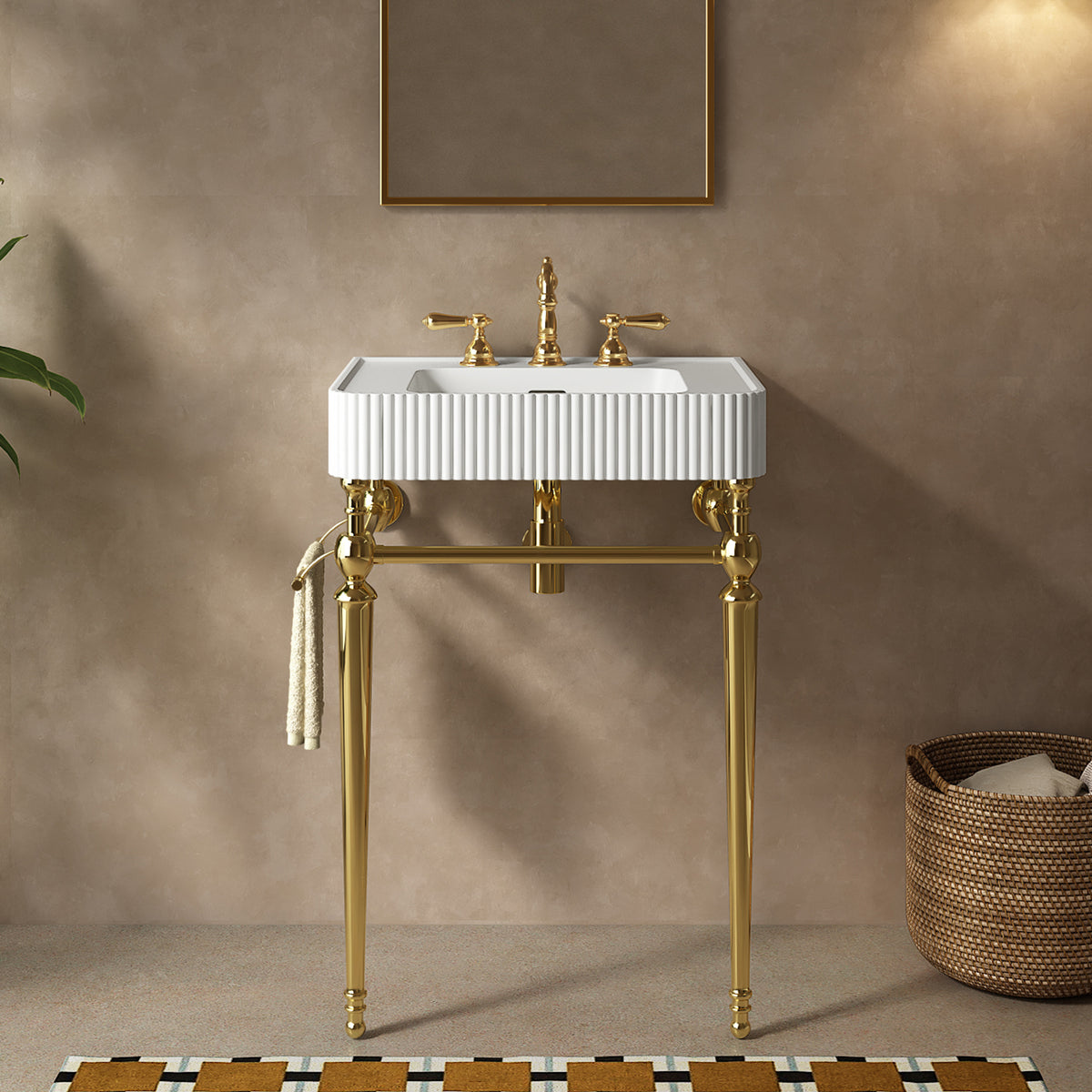 VICO 24" Freestanding Bathroom Console Vanity with White Solid Surface Integrated Sink, Gold Stainless Steel Support Legs and Towel Bar, 8" Widespread 3-Hole Faucet Configuration, Faucet and Sink Drain Not Included