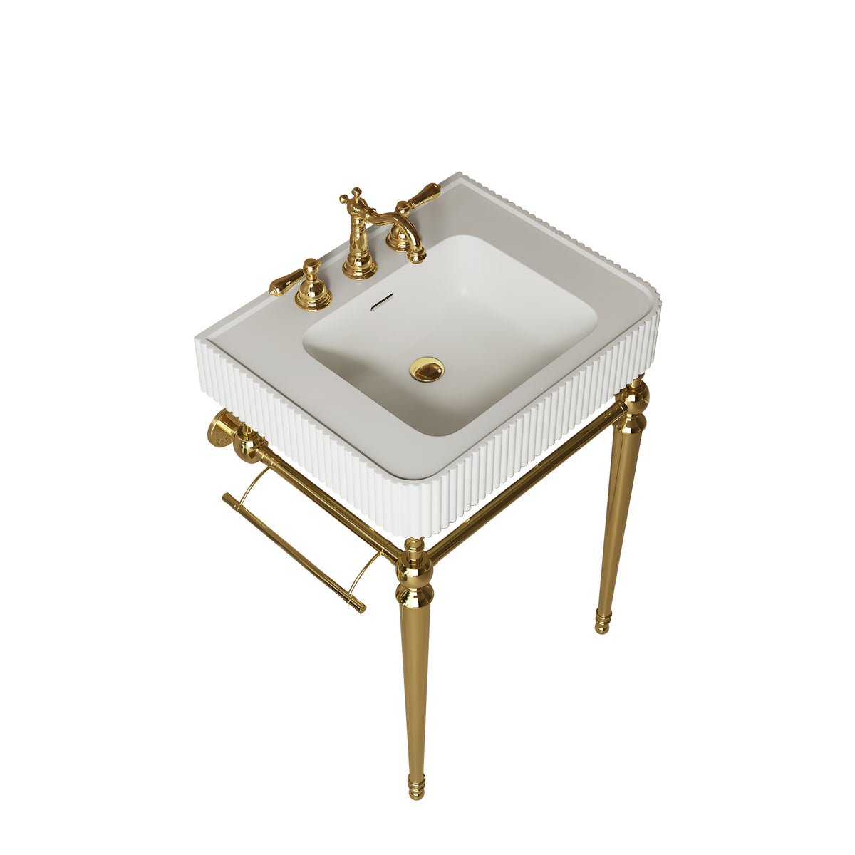 VICO 24" Freestanding Bathroom Console Vanity with White Solid Surface Integrated Sink, Gold Stainless Steel Support Legs and Towel Bar, 8" Widespread 3-Hole Faucet Configuration, Faucet and Sink Drain Not Included