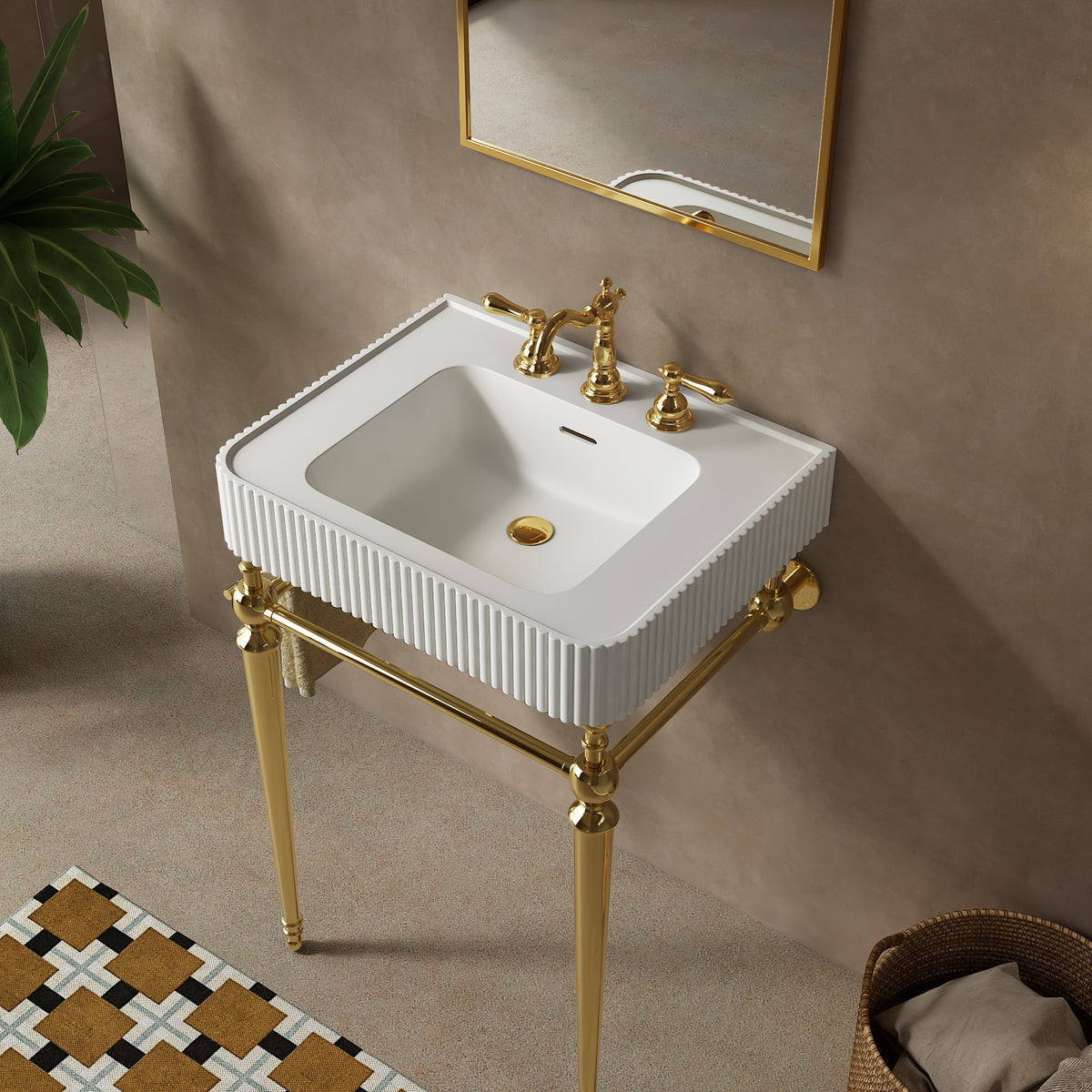 VICO 24" Freestanding Bathroom Console Vanity with White Solid Surface Integrated Sink, Gold Stainless Steel Support Legs and Towel Bar, 8" Widespread 3-Hole Faucet Configuration, Faucet and Sink Drain Not Included