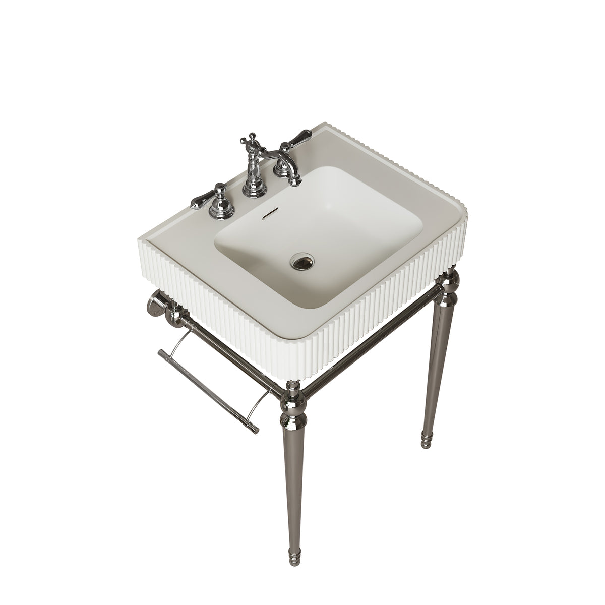 VICO 24" Freestanding Bathroom Console Vanity with White Solid Surface Integrated Sink, Silver Stainless Steel Support Legs and Towel Bar, 8" Widespread 3-Hole Faucet Configuration, Faucet and Sink Drain Not Included