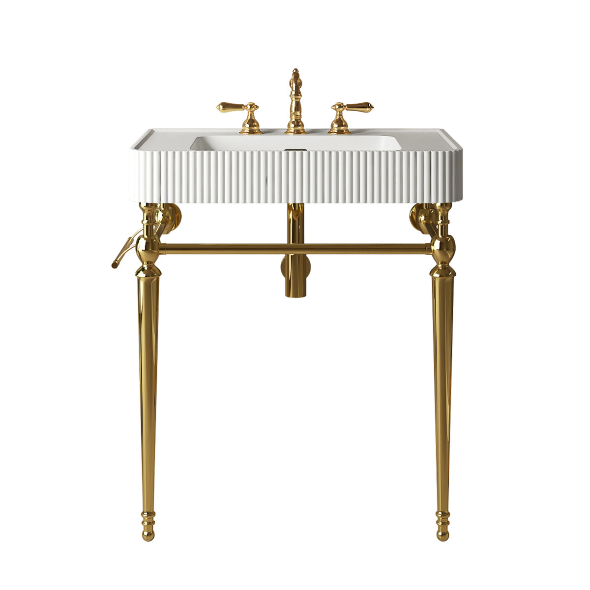 VICO 30" Freestanding Bathroom Console Vanity with White Solid Surface Integrated Sink, Gold Stainless Steel Support Legs and Towel Bar, 8" Widespread 3-Hole Faucet Configuration, Faucet and Sink Drain Not Included