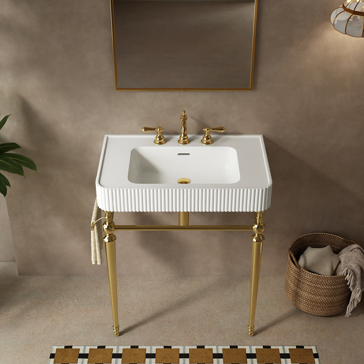 VICO 30" Freestanding Bathroom Console Vanity with White Solid Surface Integrated Sink, Gold Stainless Steel Support Legs and Towel Bar, 8" Widespread 3-Hole Faucet Configuration, Faucet and Sink Drain Not Included