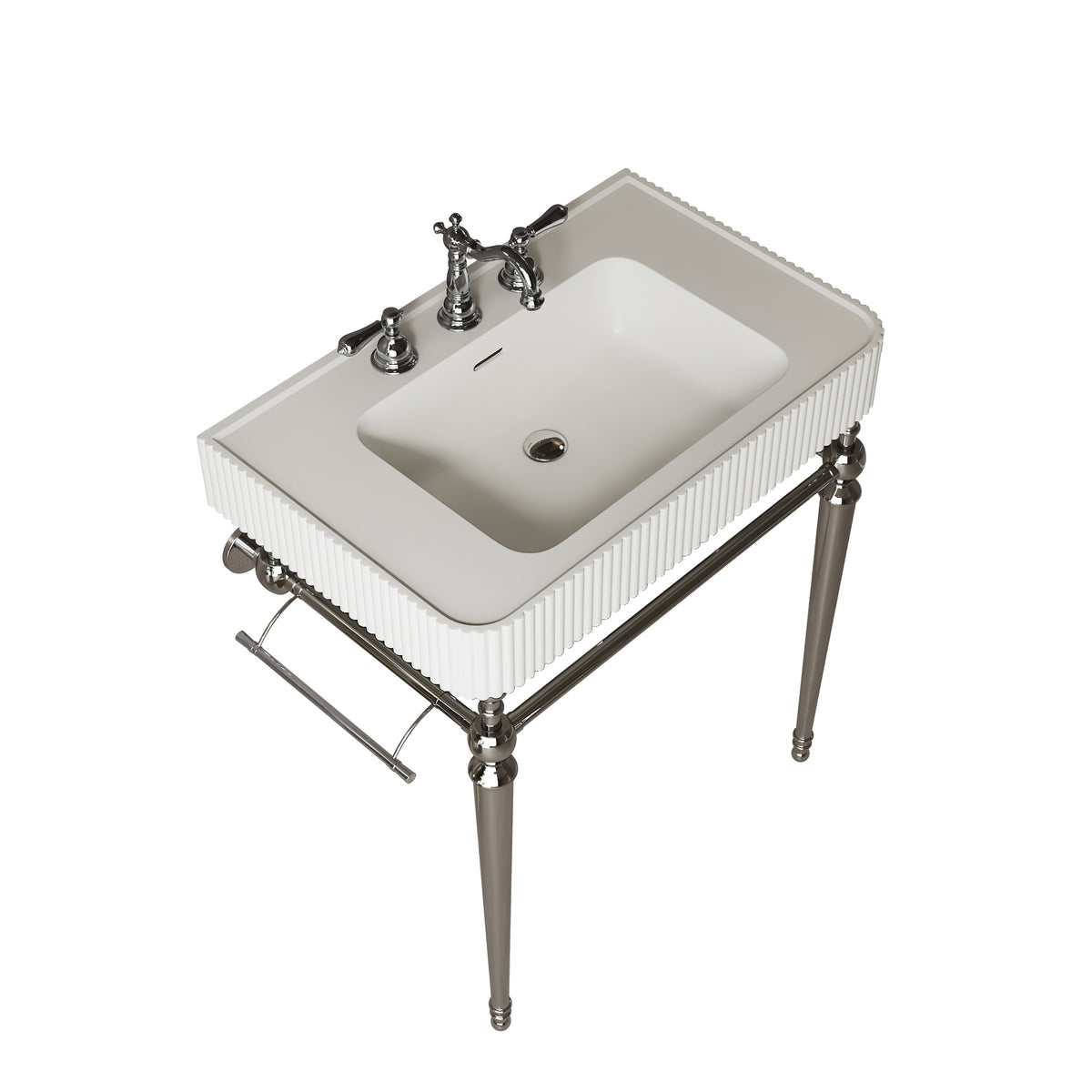 VICO 30" Freestanding Bathroom Console Vanity with White Solid Surface Integrated Sink, Silver Stainless Steel Support Legs and Towel Bar, 8" Widespread 3-Hole Faucet Configuration, Faucet and Sink Drain Not Included