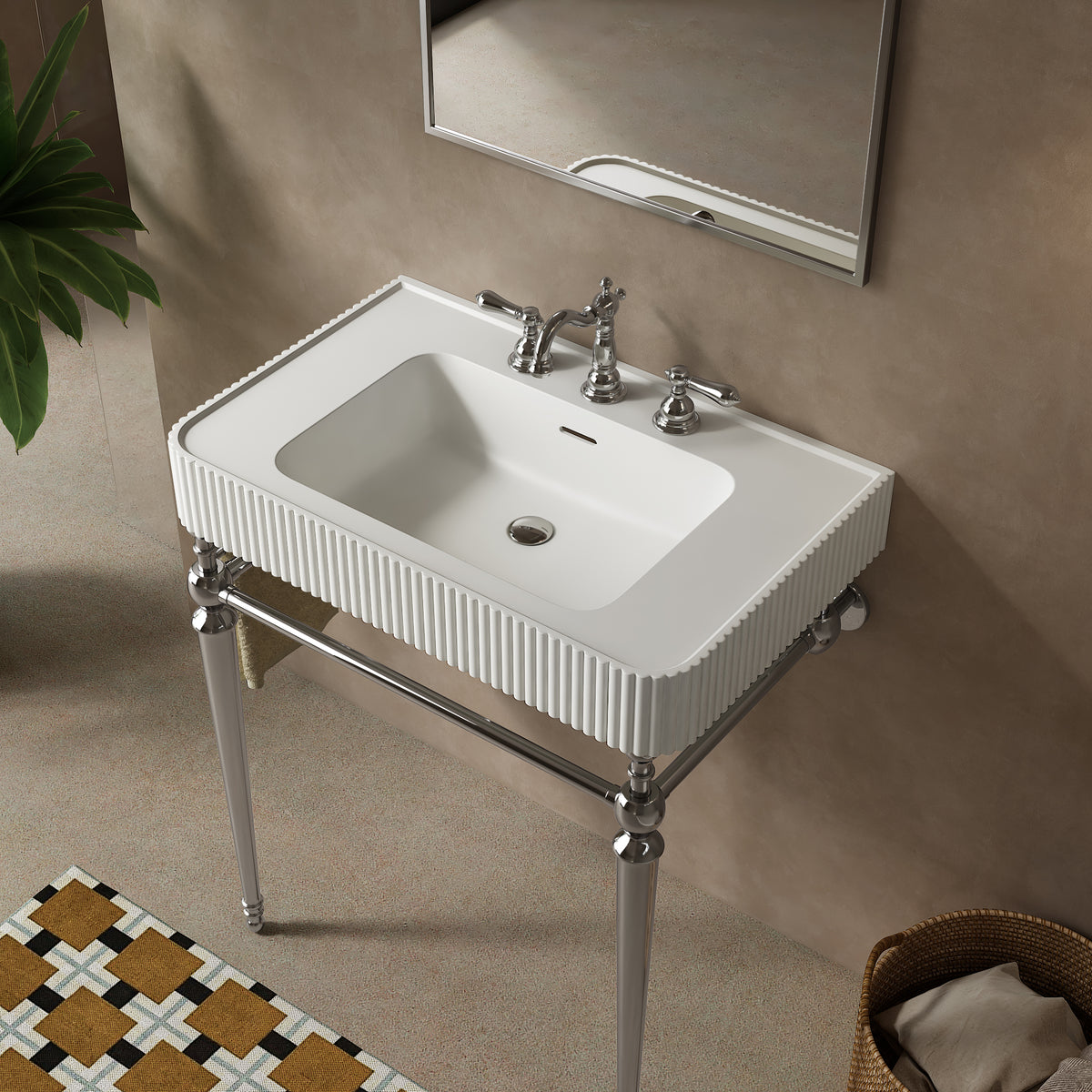 VICO 30" Freestanding Bathroom Console Vanity with White Solid Surface Integrated Sink, Silver Stainless Steel Support Legs and Towel Bar, 8" Widespread 3-Hole Faucet Configuration, Faucet and Sink Drain Not Included
