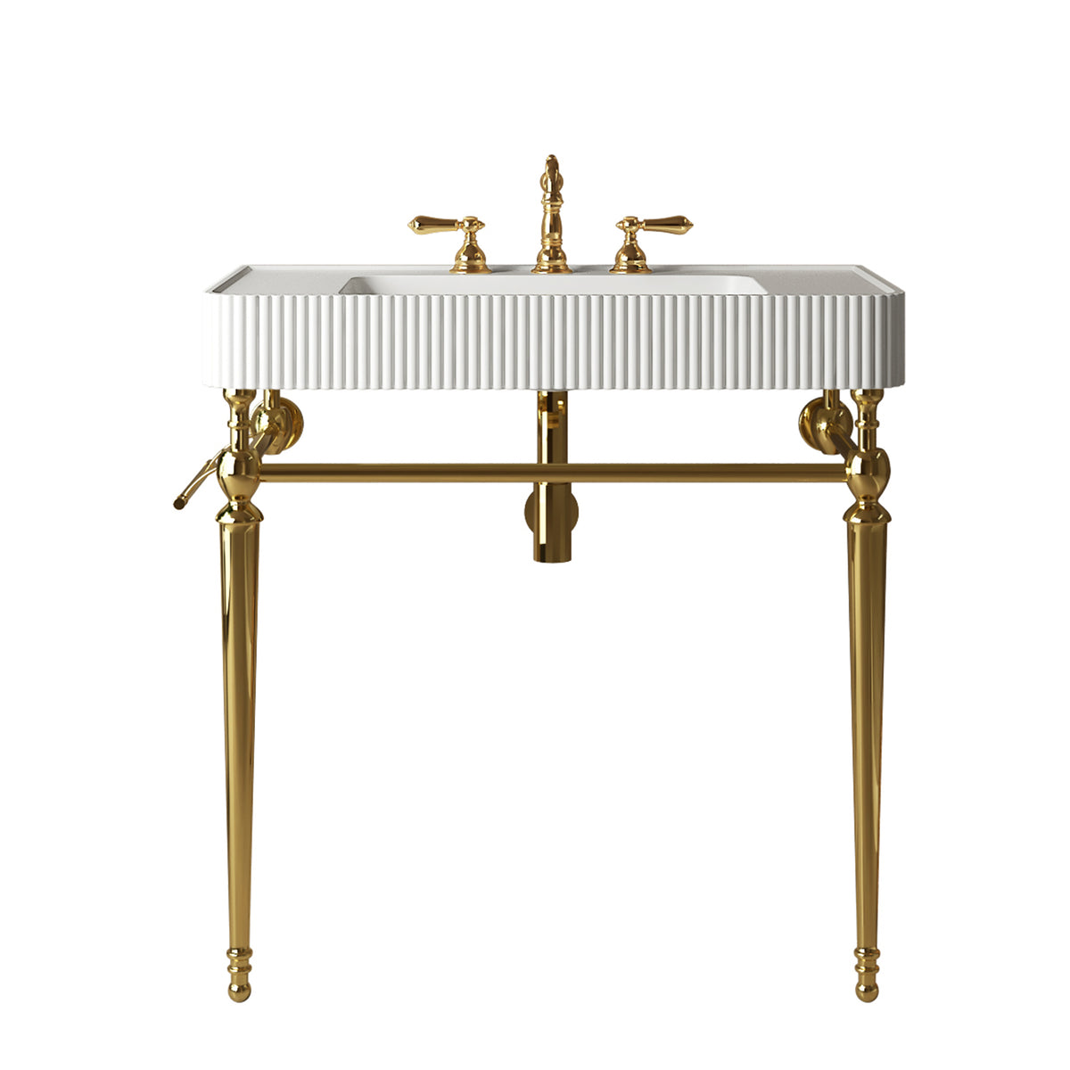 VICO 36" Freestanding Bathroom Console Vanity with White Solid Surface Integrated Sink, Gold Stainless Steel Support Legs and Towel Bar, 8" Widespread 3-Hole Faucet Configuration, Faucet and Sink Drain Not Included