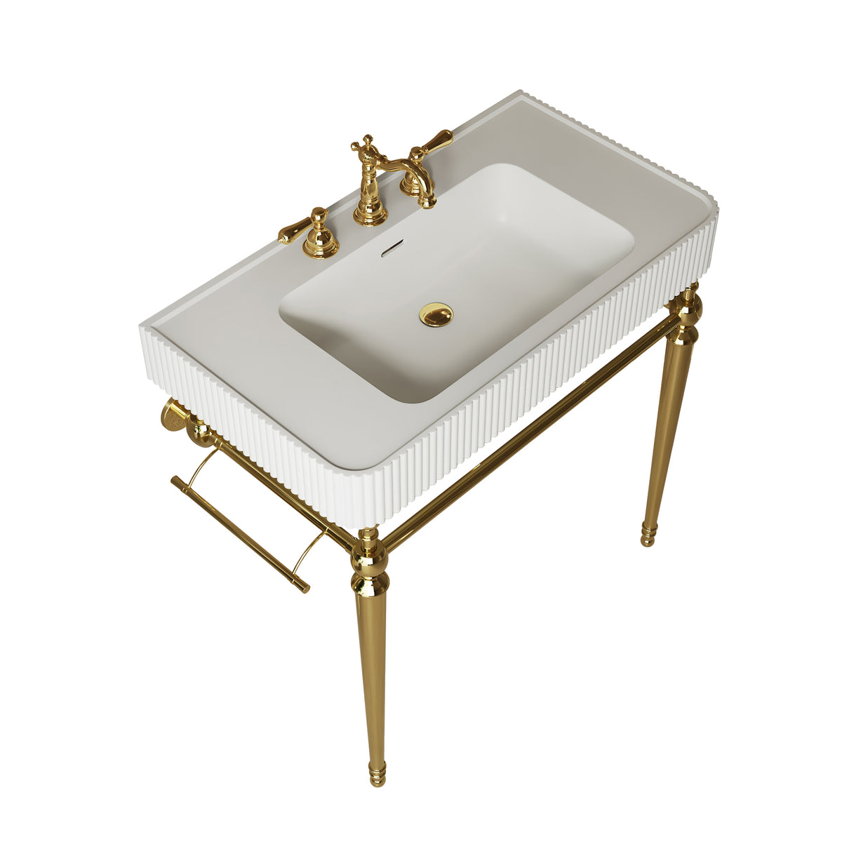 VICO 36" Freestanding Bathroom Console Vanity with White Solid Surface Integrated Sink, Gold Stainless Steel Support Legs and Towel Bar, 8" Widespread 3-Hole Faucet Configuration, Faucet and Sink Drain Not Included