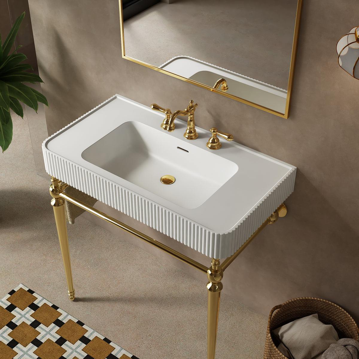 VICO 36" Freestanding Bathroom Console Vanity with White Solid Surface Integrated Sink, Gold Stainless Steel Support Legs and Towel Bar, 8" Widespread 3-Hole Faucet Configuration, Faucet and Sink Drain Not Included