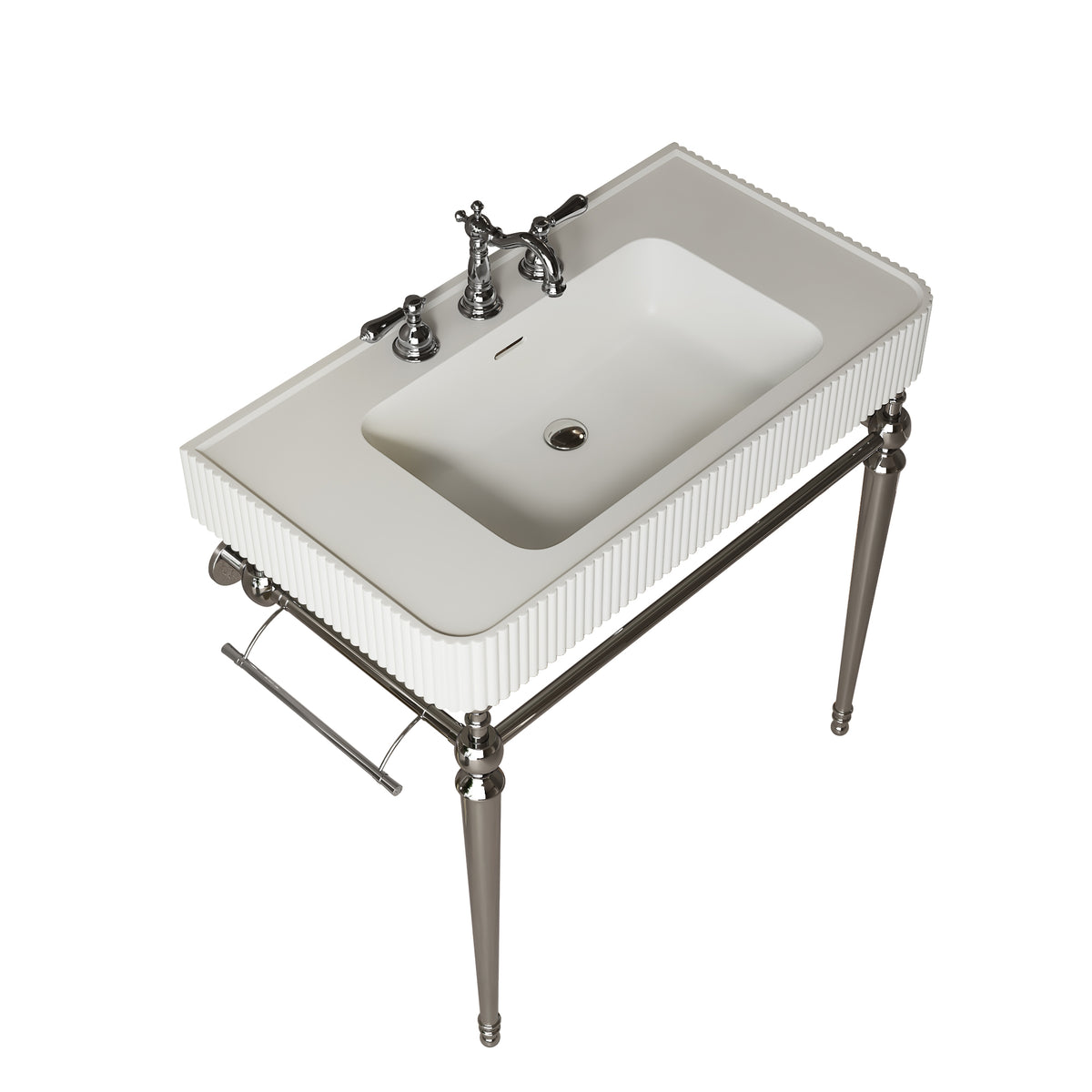 VICO 36" Freestanding Bathroom Console Vanity with White Solid Surface Integrated Sink, Silver Stainless Steel Support Legs and Towel Bar, 8" Widespread 3-Hole Faucet Configuration, Faucet and Sink Drain Not Included