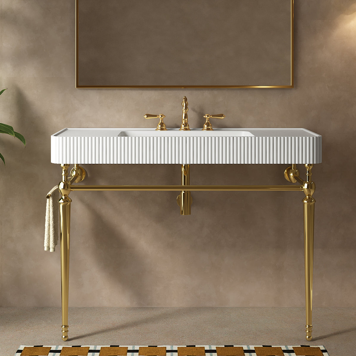 VICO 48" Freestanding Bathroom Console Vanity with White Solid Surface Integrated Sink, Gold Stainless Steel Support Legs and Towel Bar, 8" Widespread 3-Hole Faucet Configuration, Faucet and Sink Drain Not Included